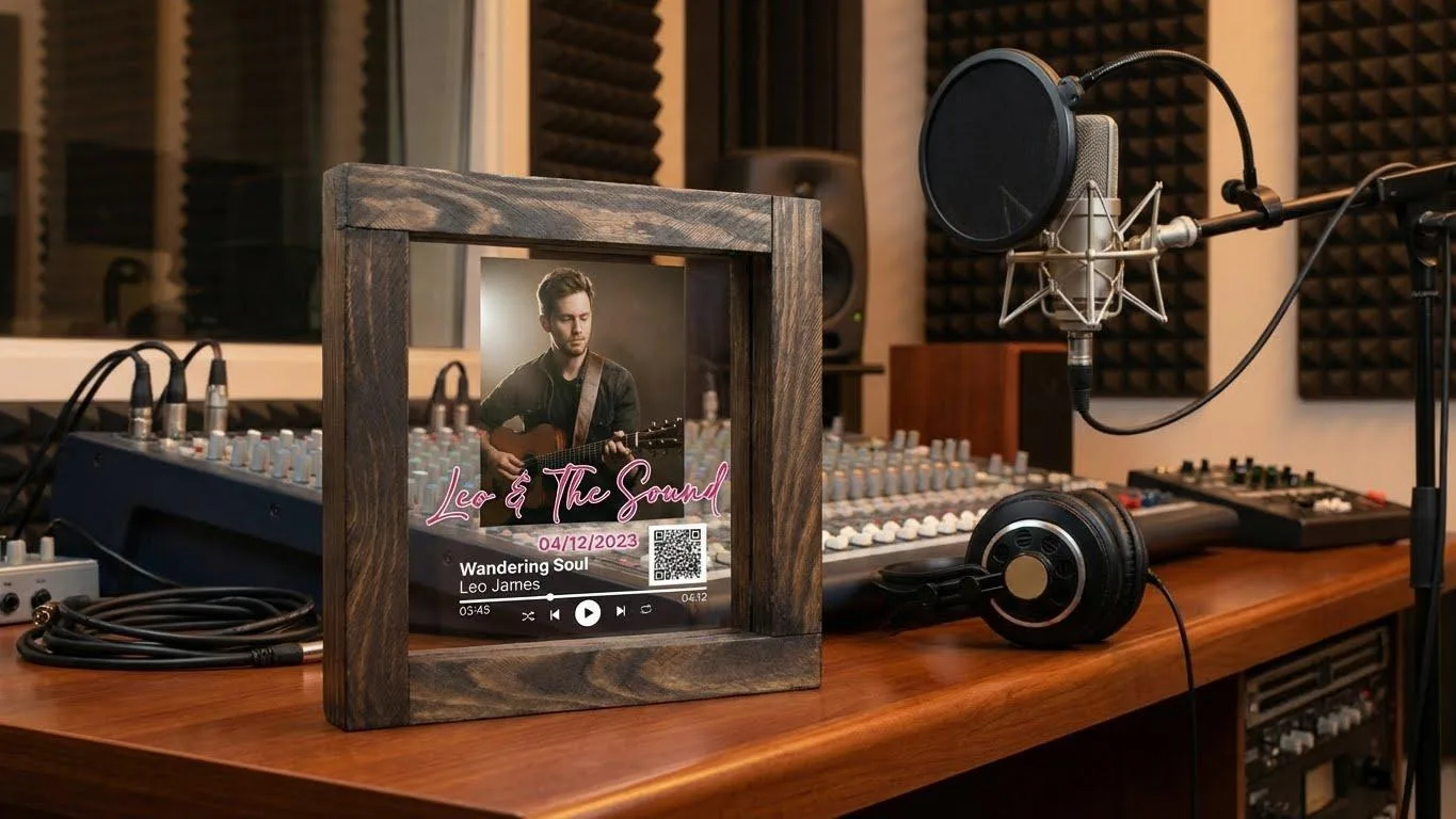 Custom Music Plaque • Anniversary Gift for Boyfriend Girlfriend, Wooden Song Frame with Scannable QR Code & Photo
