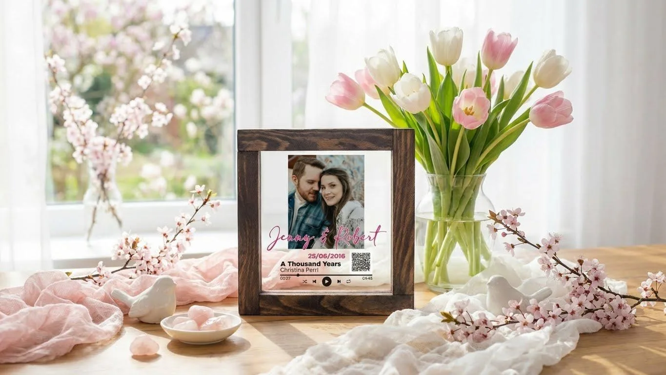 Personalized Couple Gift • Music Song Plaque, Anniversary Present for Him Her, Wooden Frame with Scannable QR Code