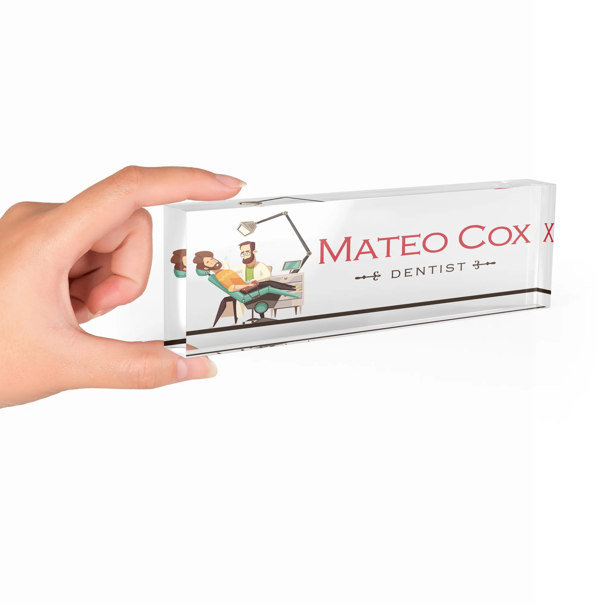Hand holding a clear acrylic desk name plate with a dental clinic illustration design
