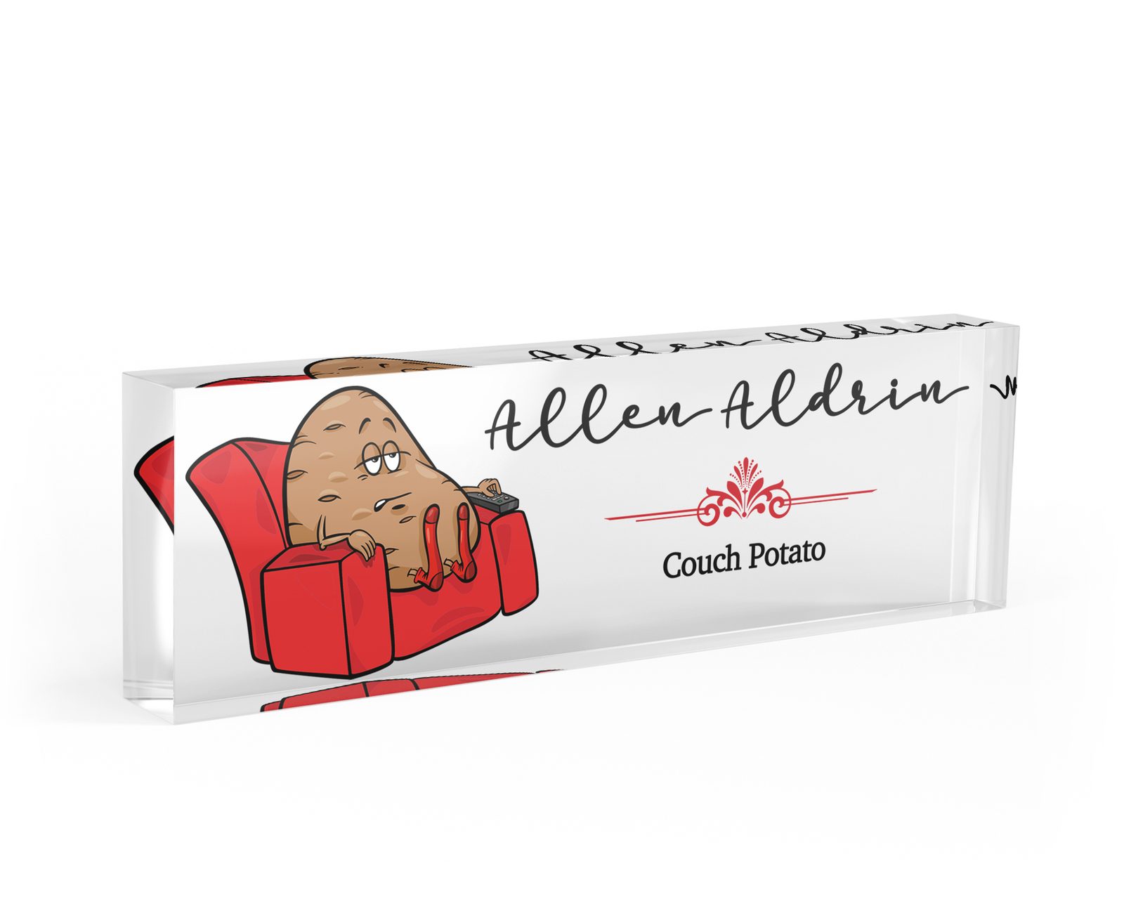 Cartoon couch potato desk name plate in clear acrylic, personalized with a name and job title
