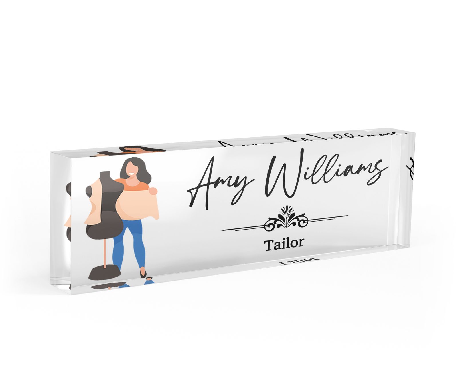 Tailor with a fabric bolt desk name plate in clear acrylic, personalized with a name and job title