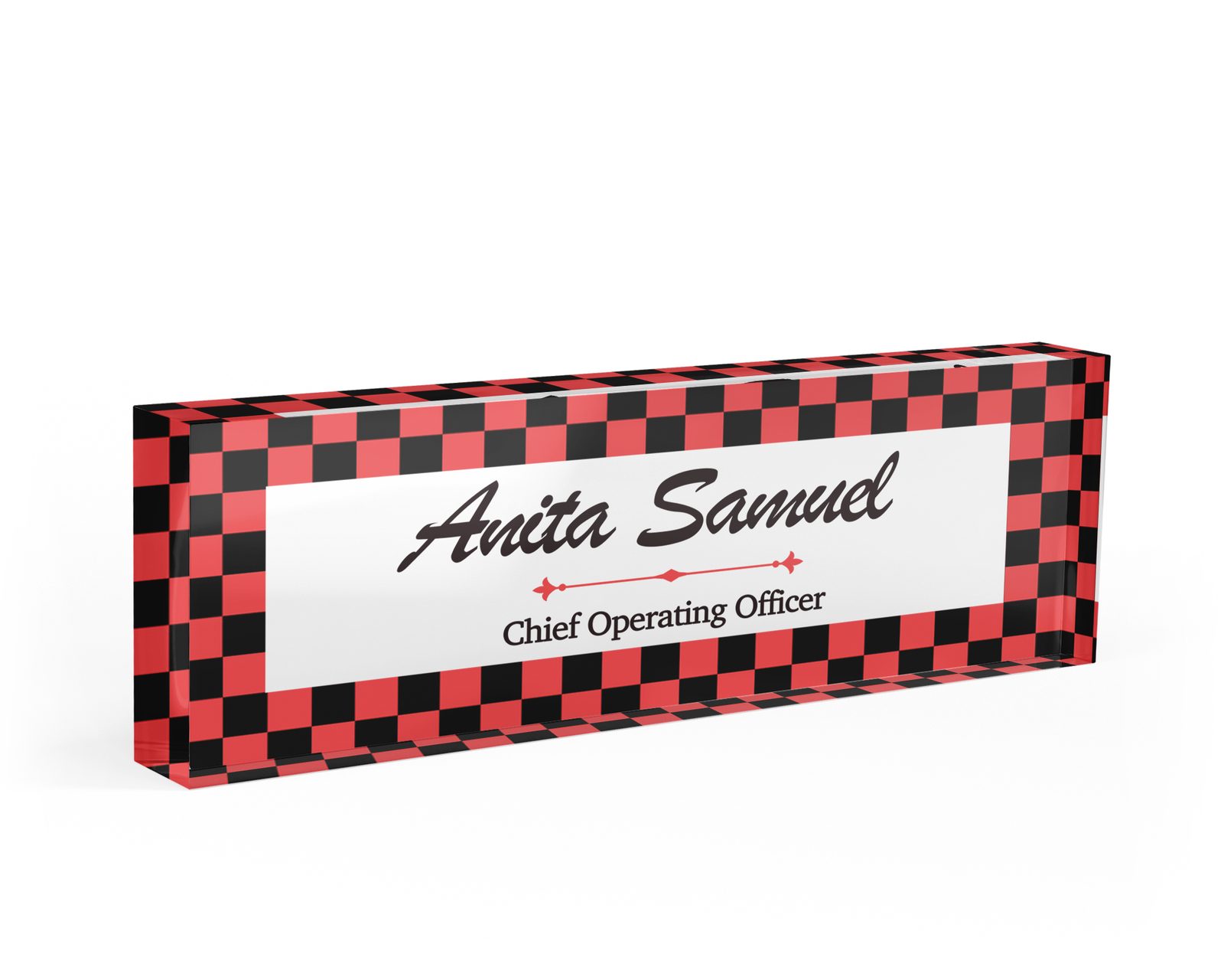 Red and black buffalo check desk name plate in clear acrylic, personalized with a name and job title