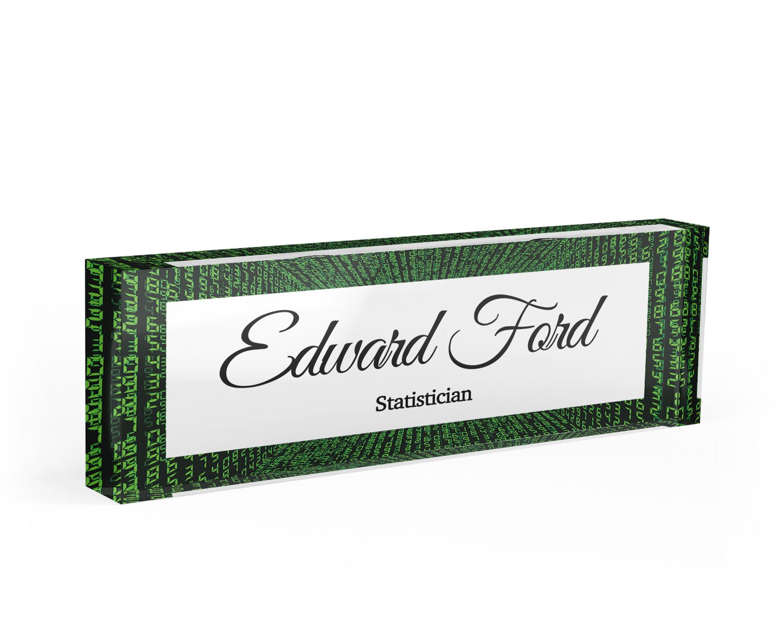 Green falling code desk name plate in clear acrylic, personalized with a name and job title