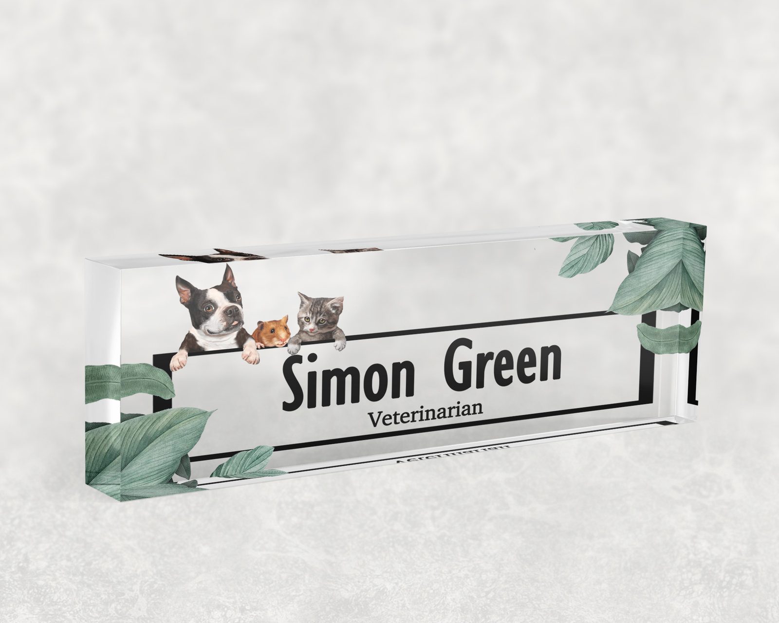 Cat and dog desk name plate in clear acrylic, personalized with a name and job title