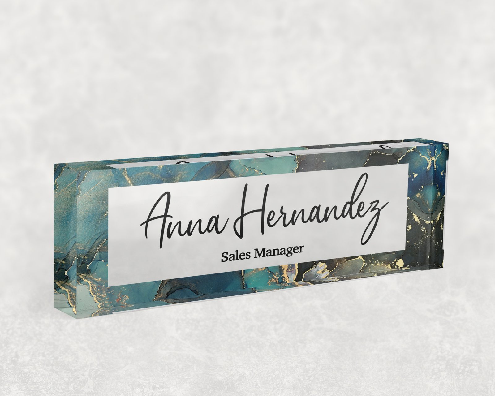 Teal and gold marble desk name plate in clear acrylic, personalized with a name and job title
