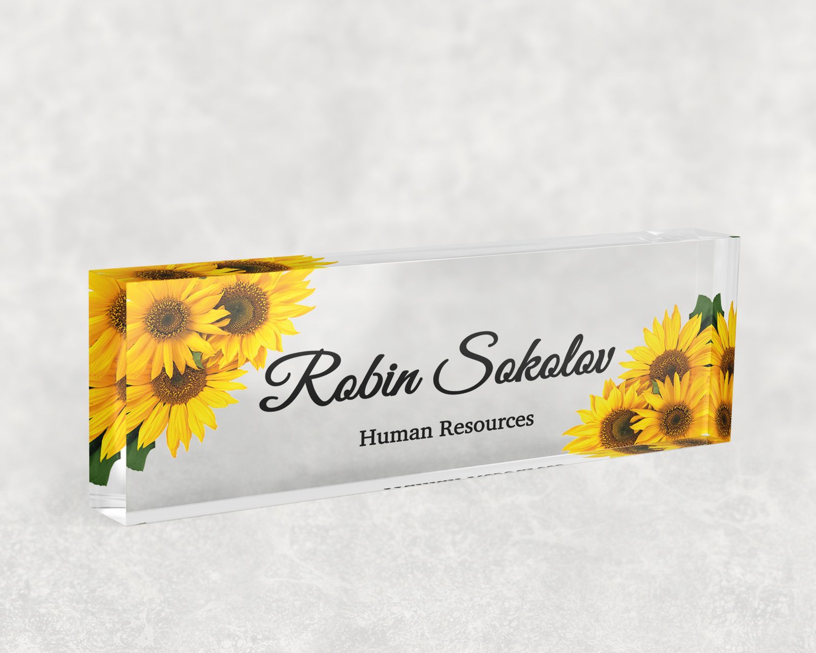 Sunflower desk name plate in clear acrylic, personalized with a name and job title