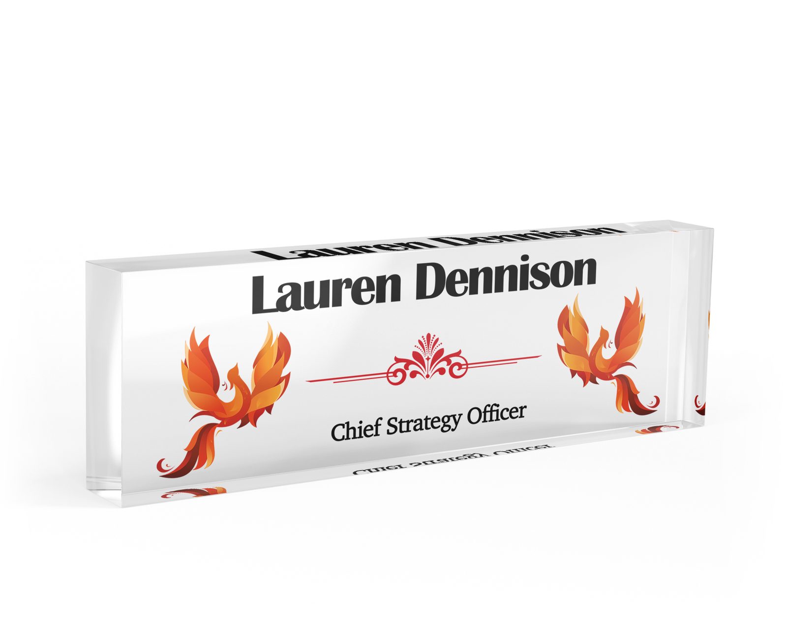 Rising phoenix desk name plate in clear acrylic, personalized with a name and job title