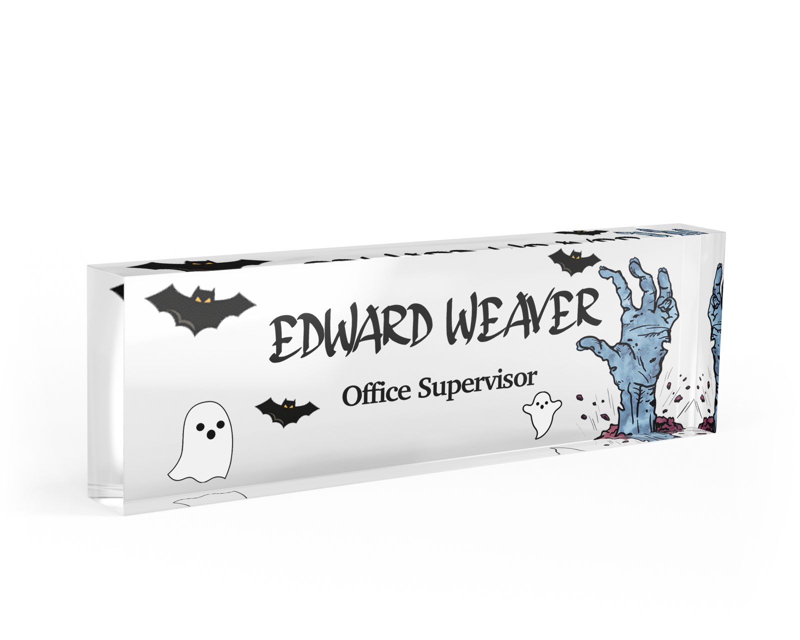 Zombie hand and bats desk name plate in clear acrylic, personalized with a name and job title