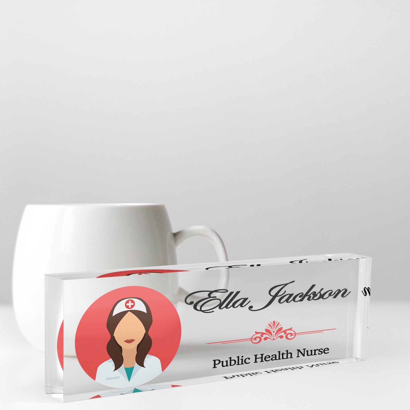 Nurse illustration desk name plate in clear acrylic, personalized with a name and job title