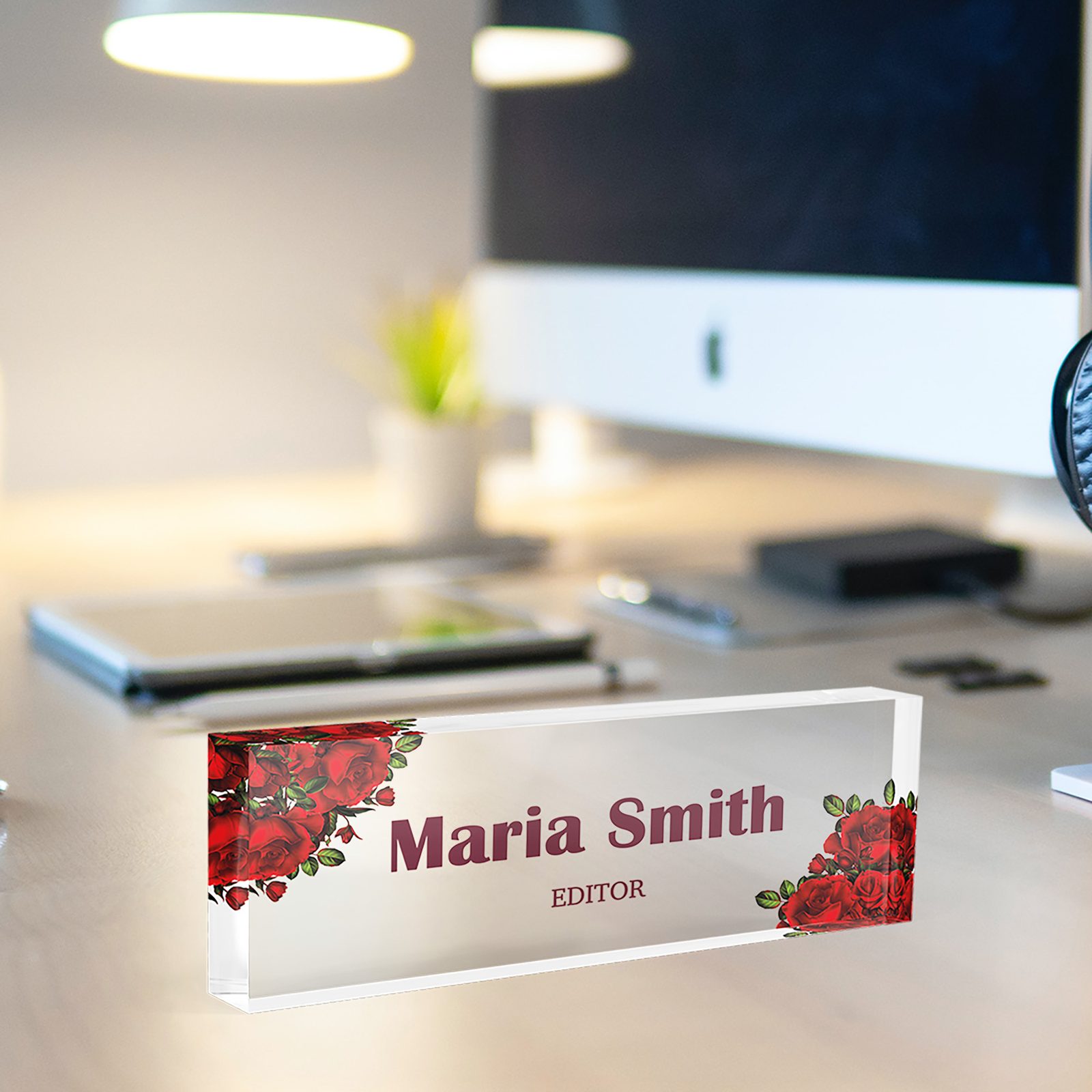Red rose desk name plate in clear acrylic, personalized with a name and job title