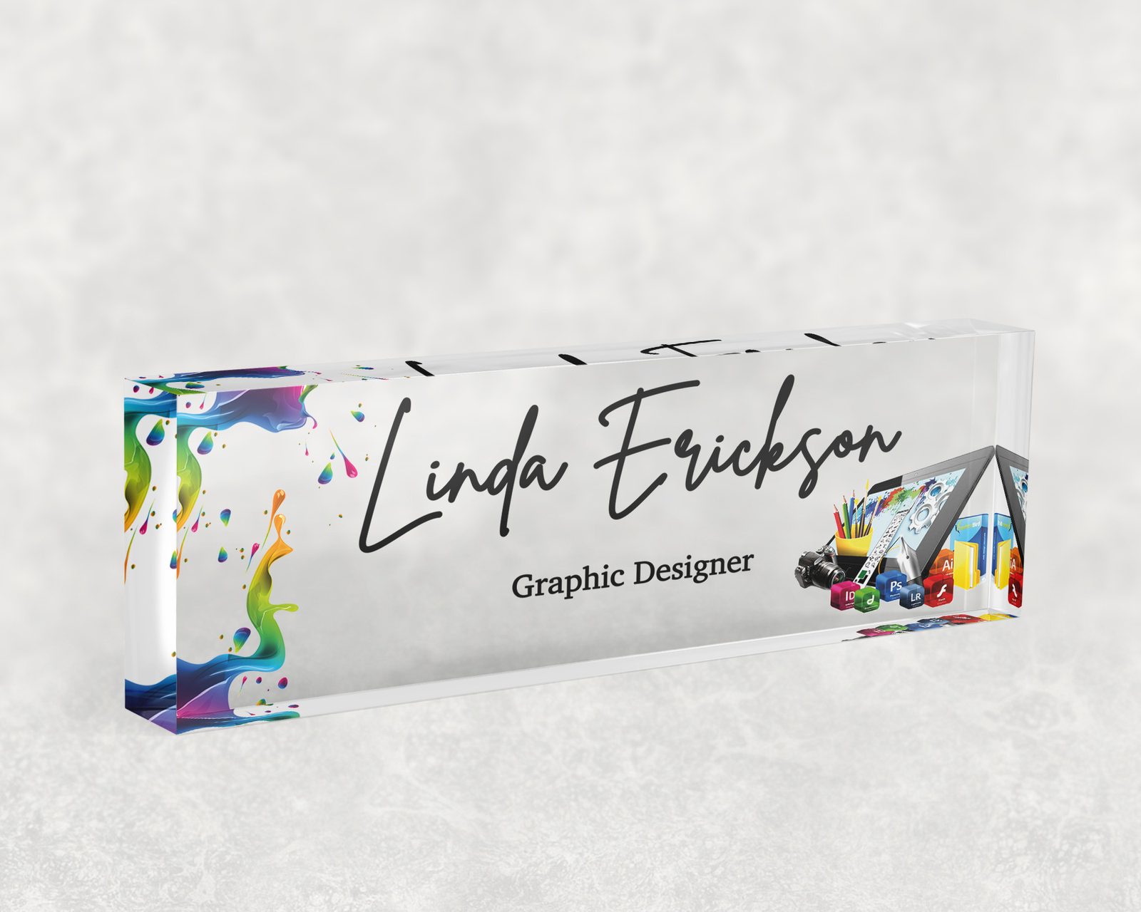 Poured colour and brush pot desk name plate in clear acrylic, personalized with a name and job title