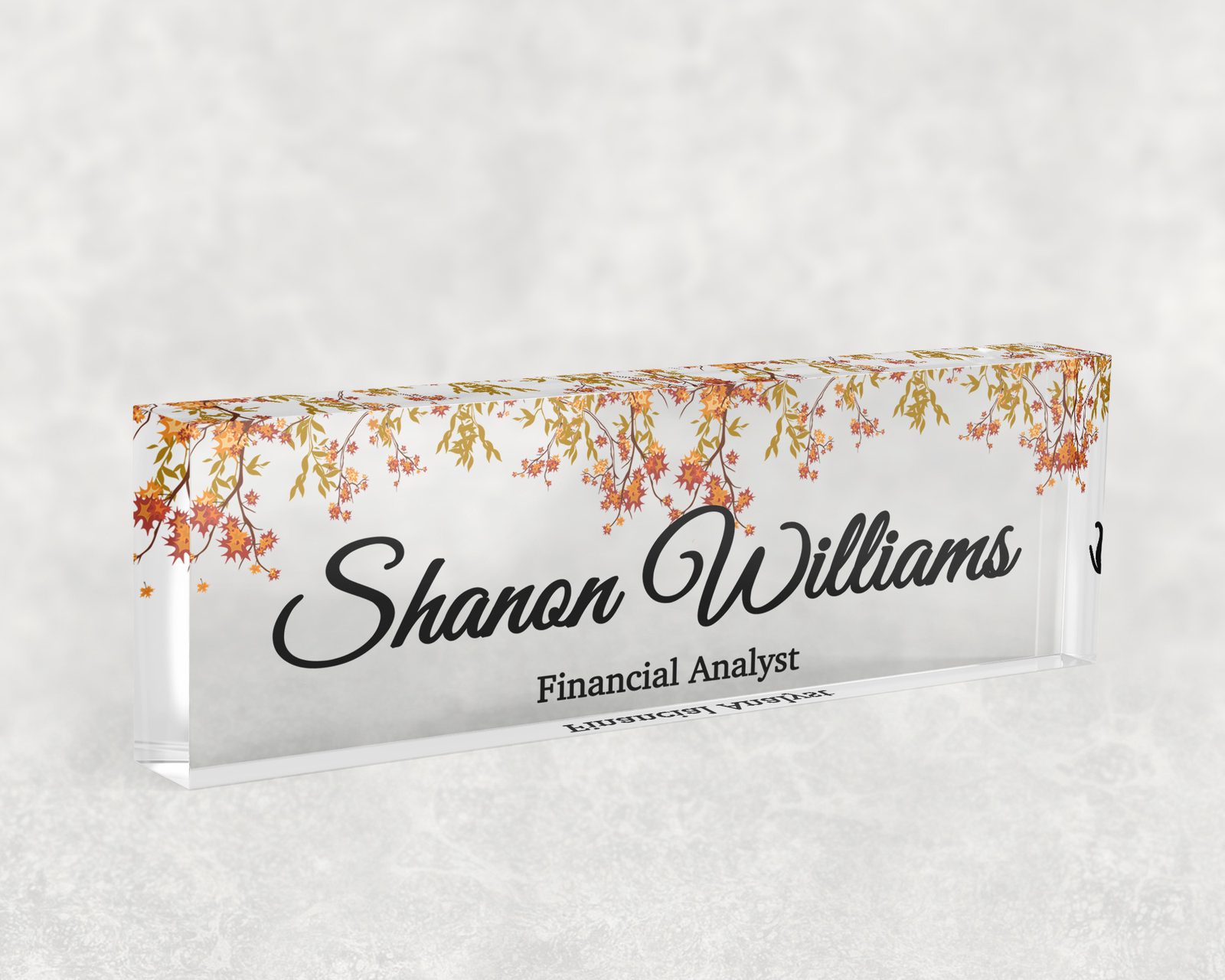 Amber autumn leaves desk name plate in clear acrylic, personalized with a name and job title