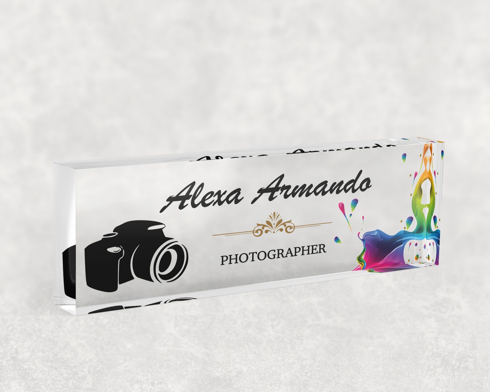 DSLR camera and colour burst desk name plate in clear acrylic, personalized with a name and job title
