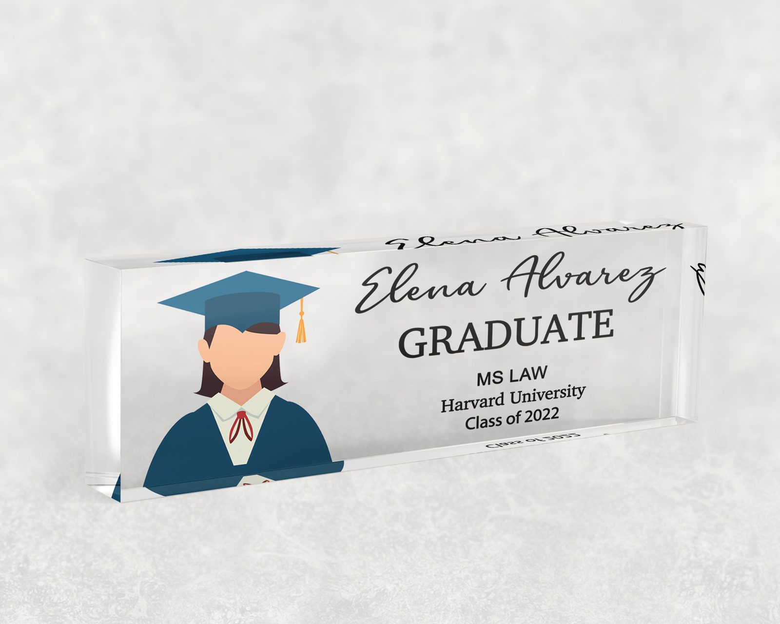 Navy cap and gown graduate desk name plate in clear acrylic, personalized with a name and job title