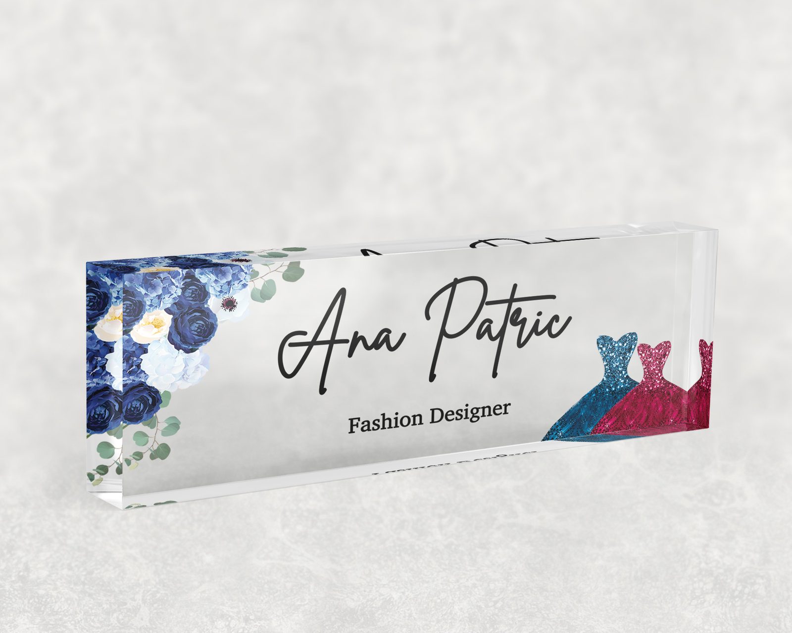 Sequinned gowns and navy florals desk name plate in clear acrylic, personalized with a name and job title