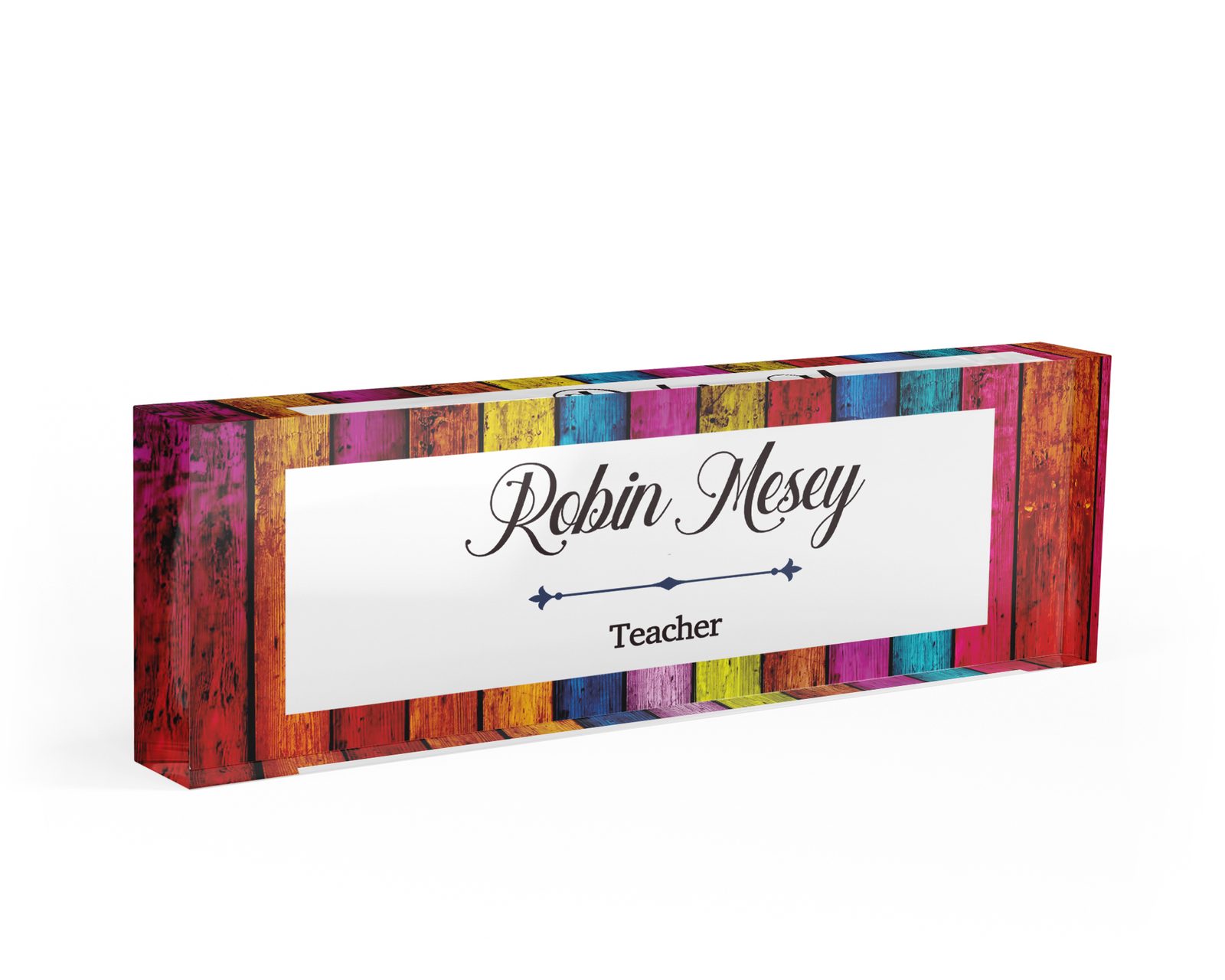 Painted wood plank desk name plate in clear acrylic, personalized with a name and job title