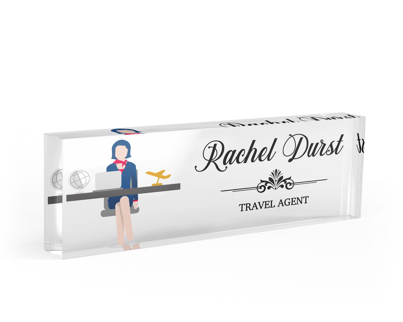 Illustrated travel agent desk name plate in clear acrylic, personalized with a name and job title