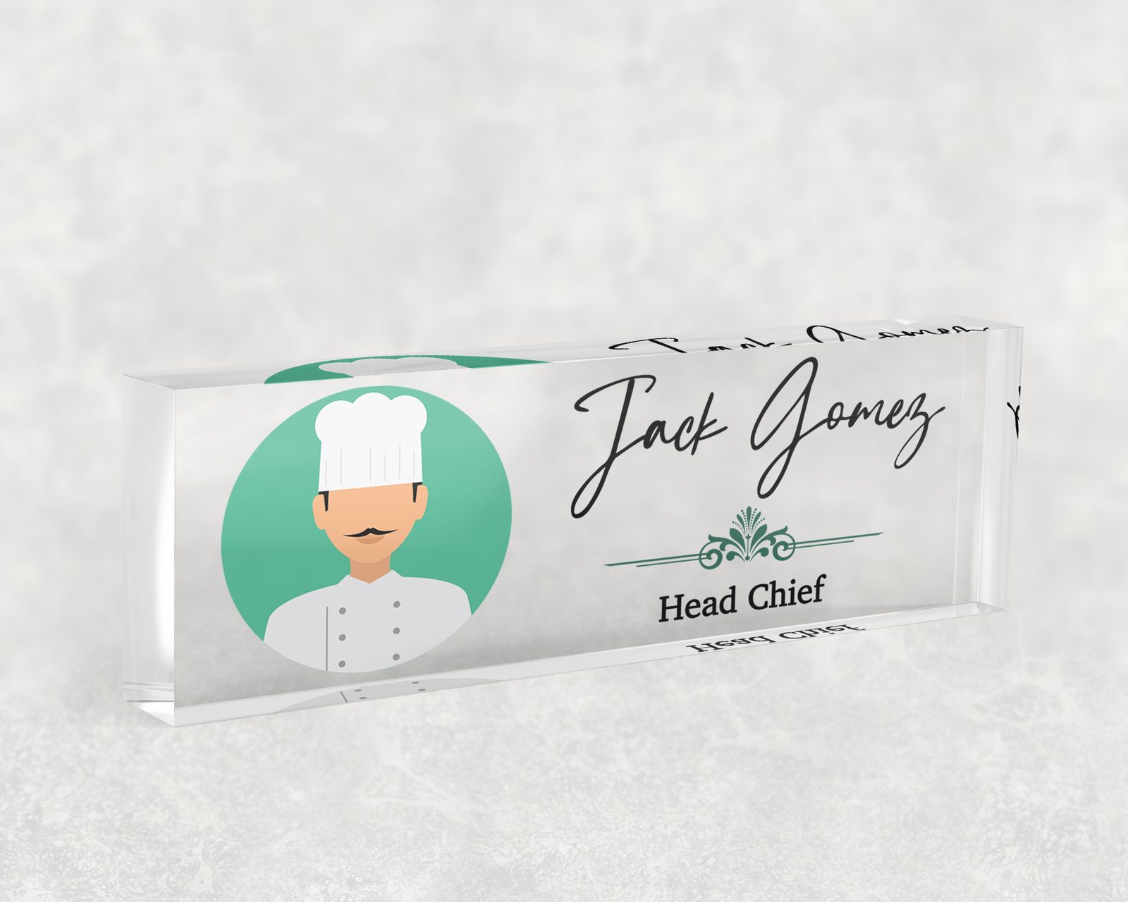 Chef illustration desk name plate in clear acrylic, personalized with a name and job title