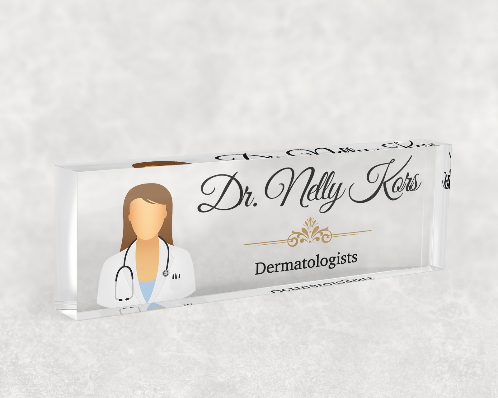 Doctor in a white coat desk name plate in clear acrylic, personalized with a name and job title