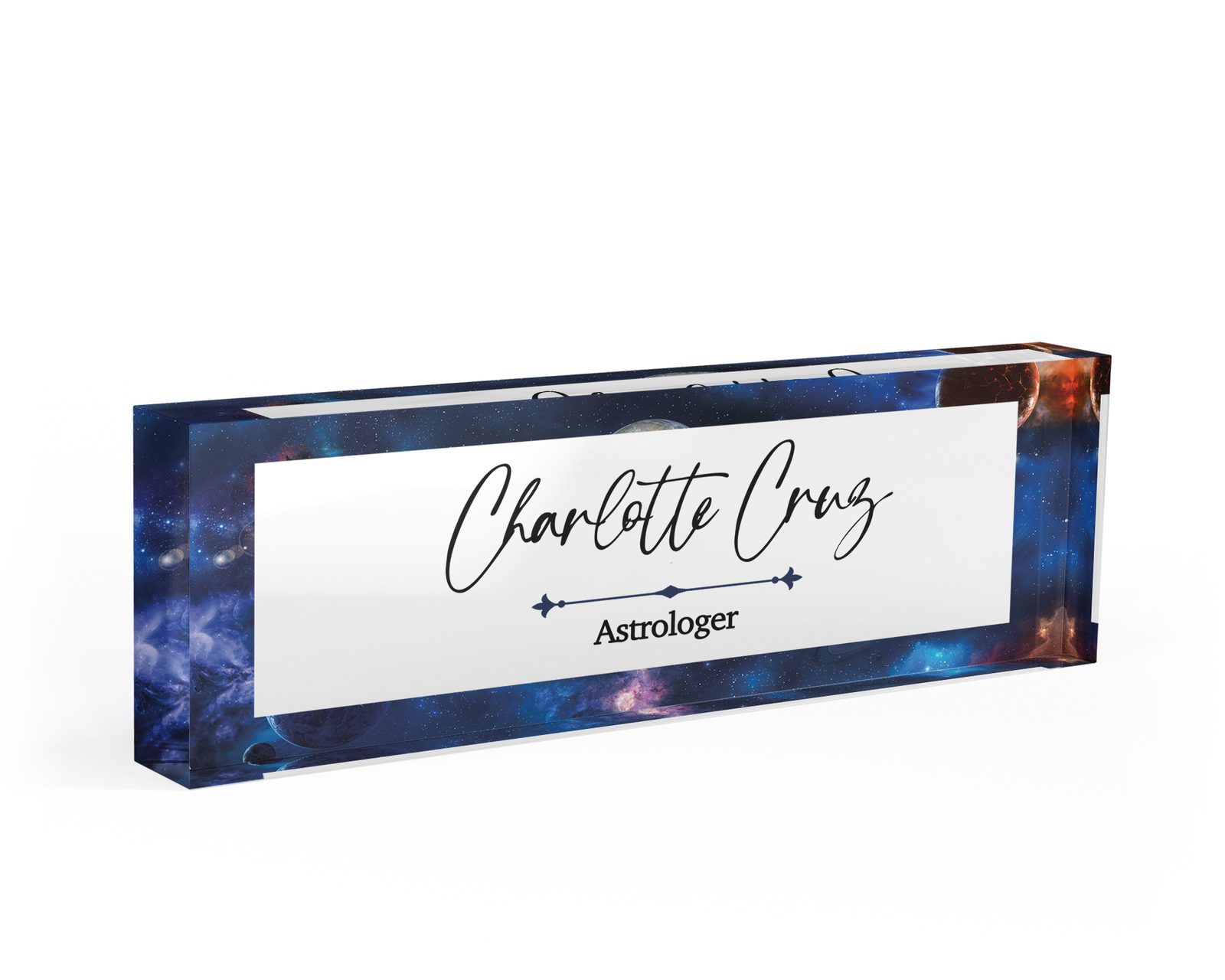 Violet galaxy desk name plate in clear acrylic, personalized with a name and job title