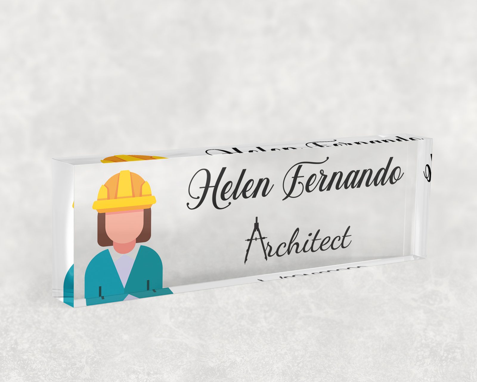 Hard hat architect desk name plate in clear acrylic, personalized with a name and job title