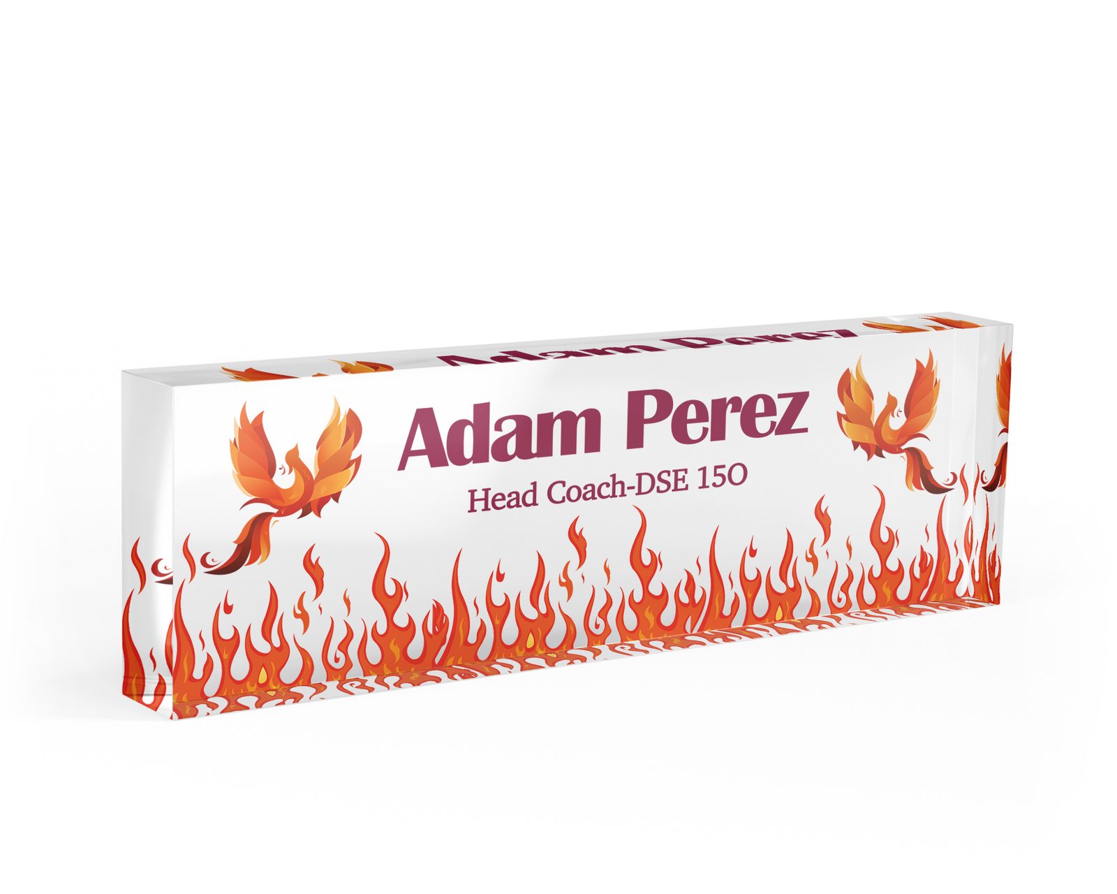 Orange flames and phoenix desk name plate in clear acrylic, personalized with a name and job title