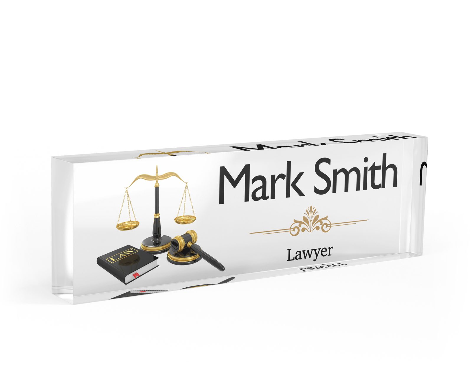 Scales and gavel desk name plate in clear acrylic, personalized with a name and job title
