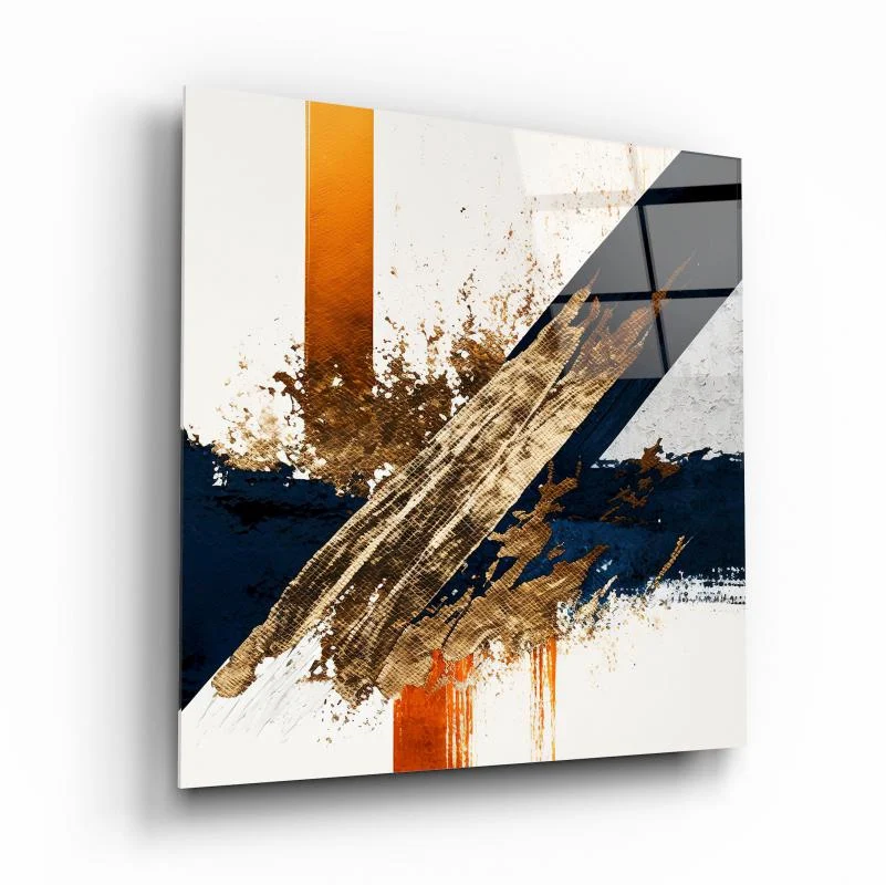 Navy Gold Orange Brushstroke Square Glass Wall Art, front angled view
