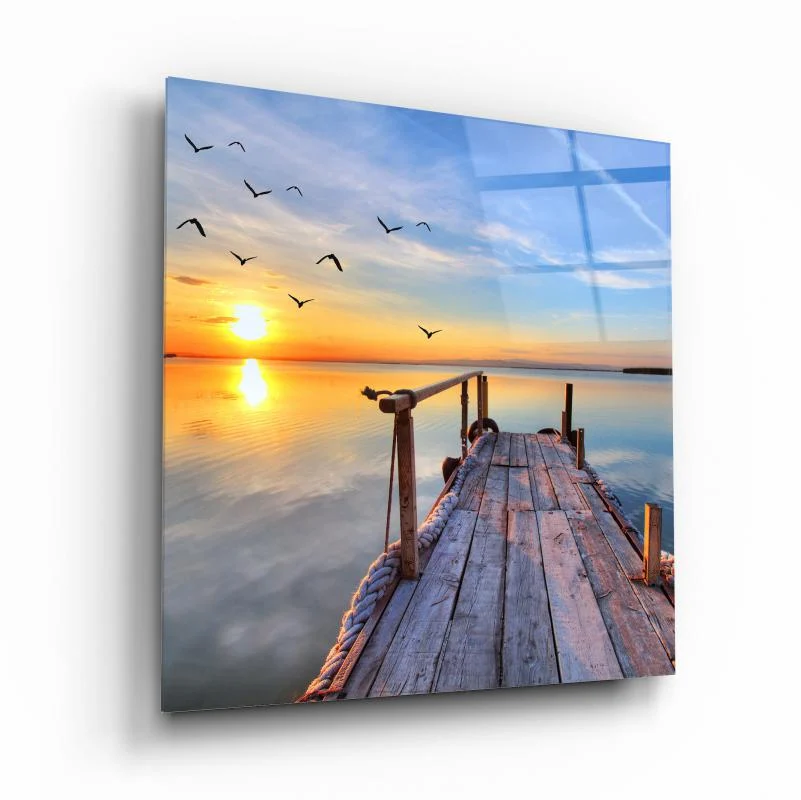 Sunset Pier over Calm Water Square Glass Wall Art, front angled view