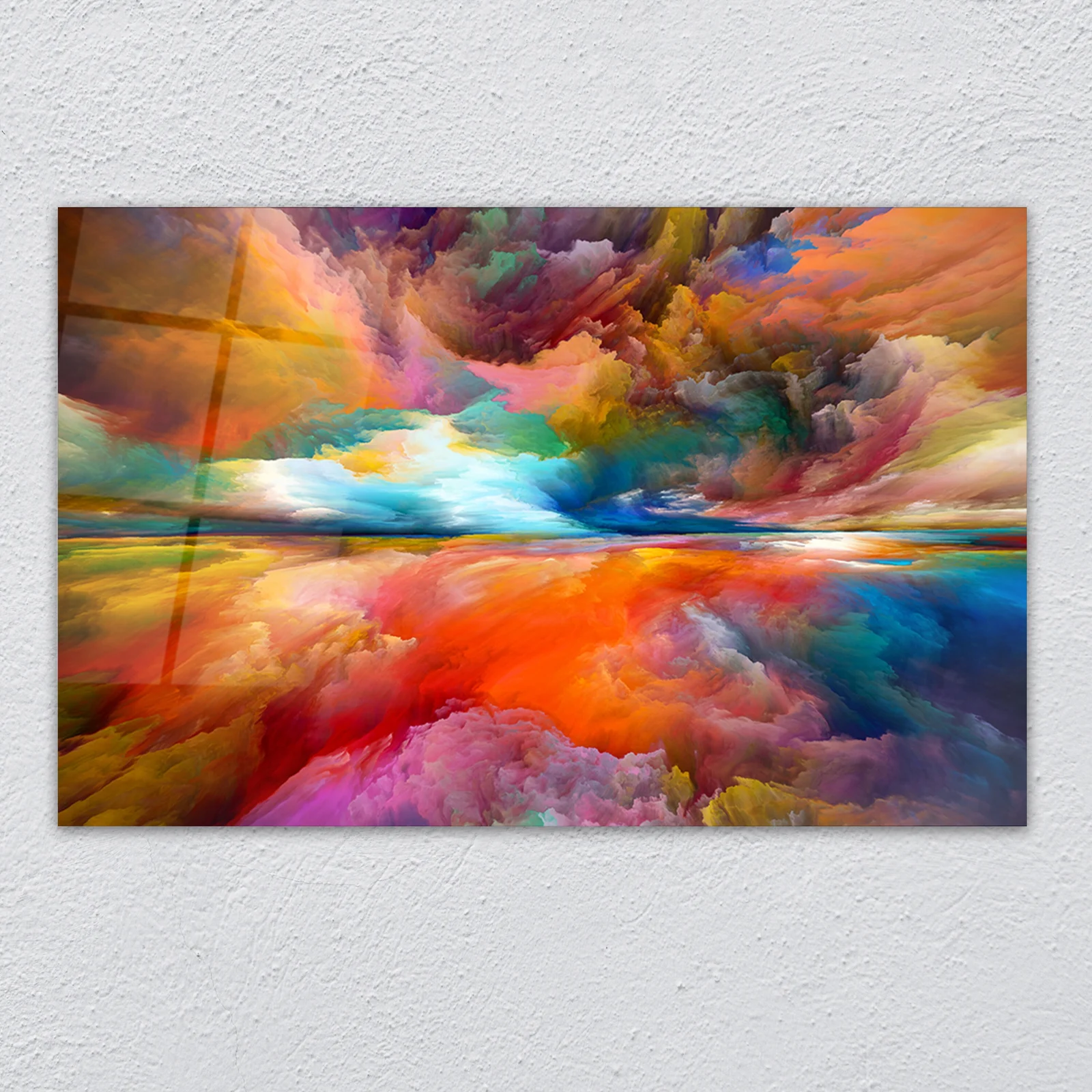 Rainbow cosmic clouds glass wall art shown as home wall decor