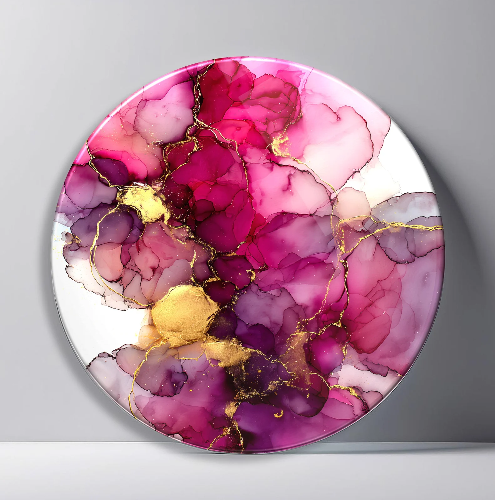 Magenta Gold Stone Bloom Round Glass Wall Art featuring vivid pink and plum stone-like petals divided by metallic gold veins
