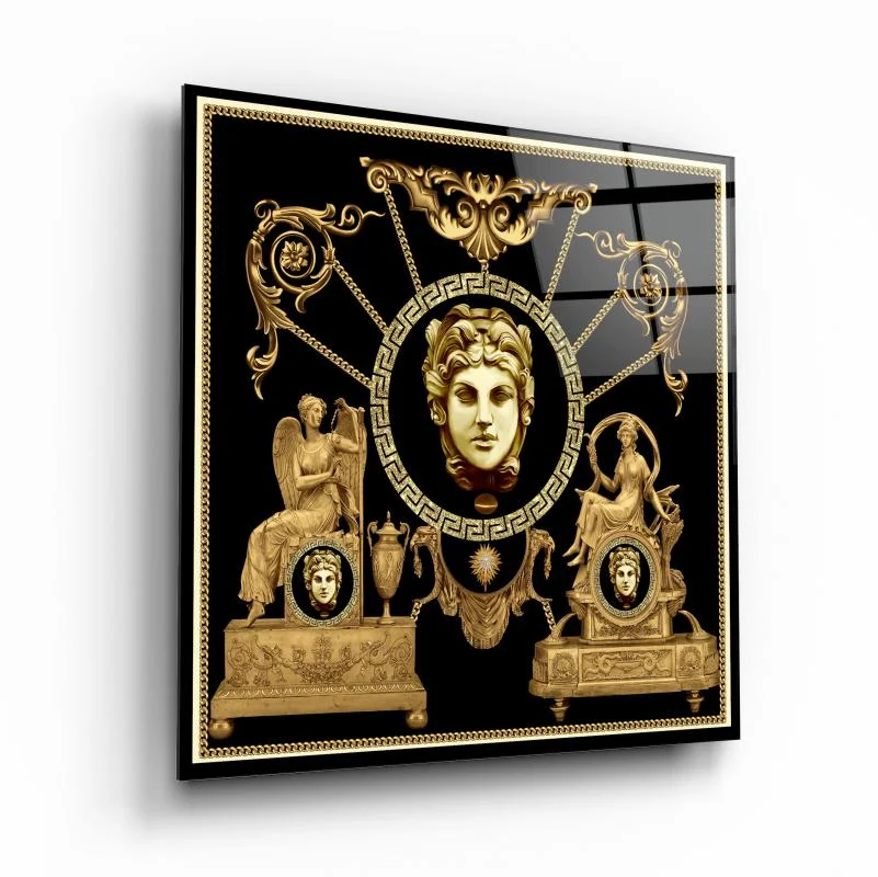 Black and Gold Medusa Emblem Square Glass Wall Art, front angled view