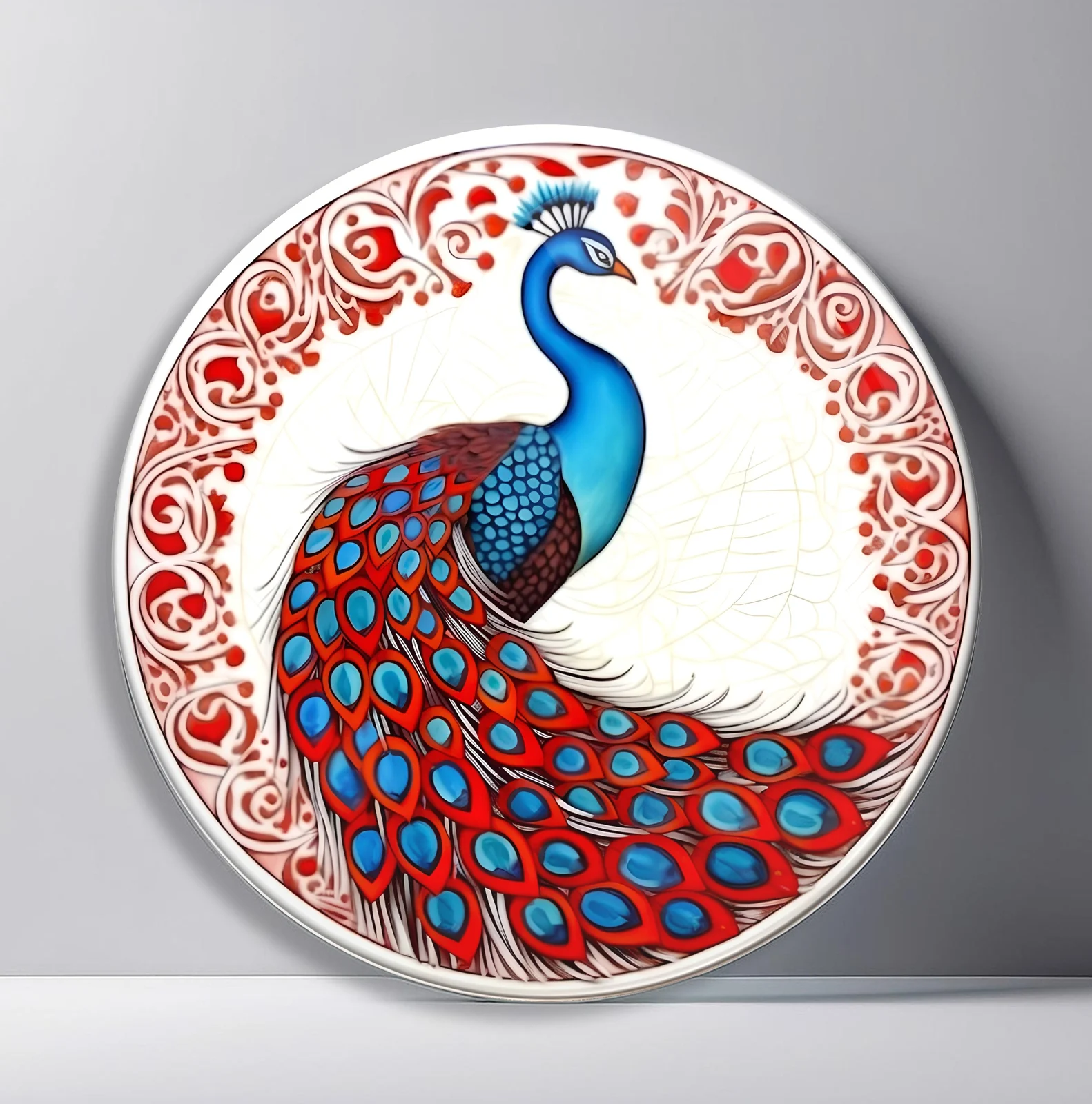 Scarlet Peacock in Filigree Round Glass Wall Art featuring blue peacock with a broad red jeweled tail inside red scrollwork