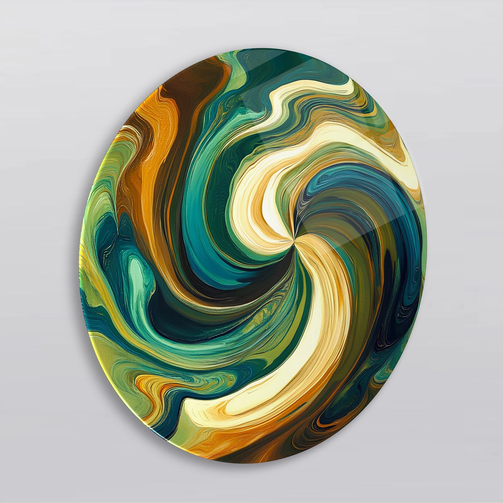 Forest Marble Swirl Round Glass Wall Art featuring fluid marbled waves twisting through green, gold, and cream