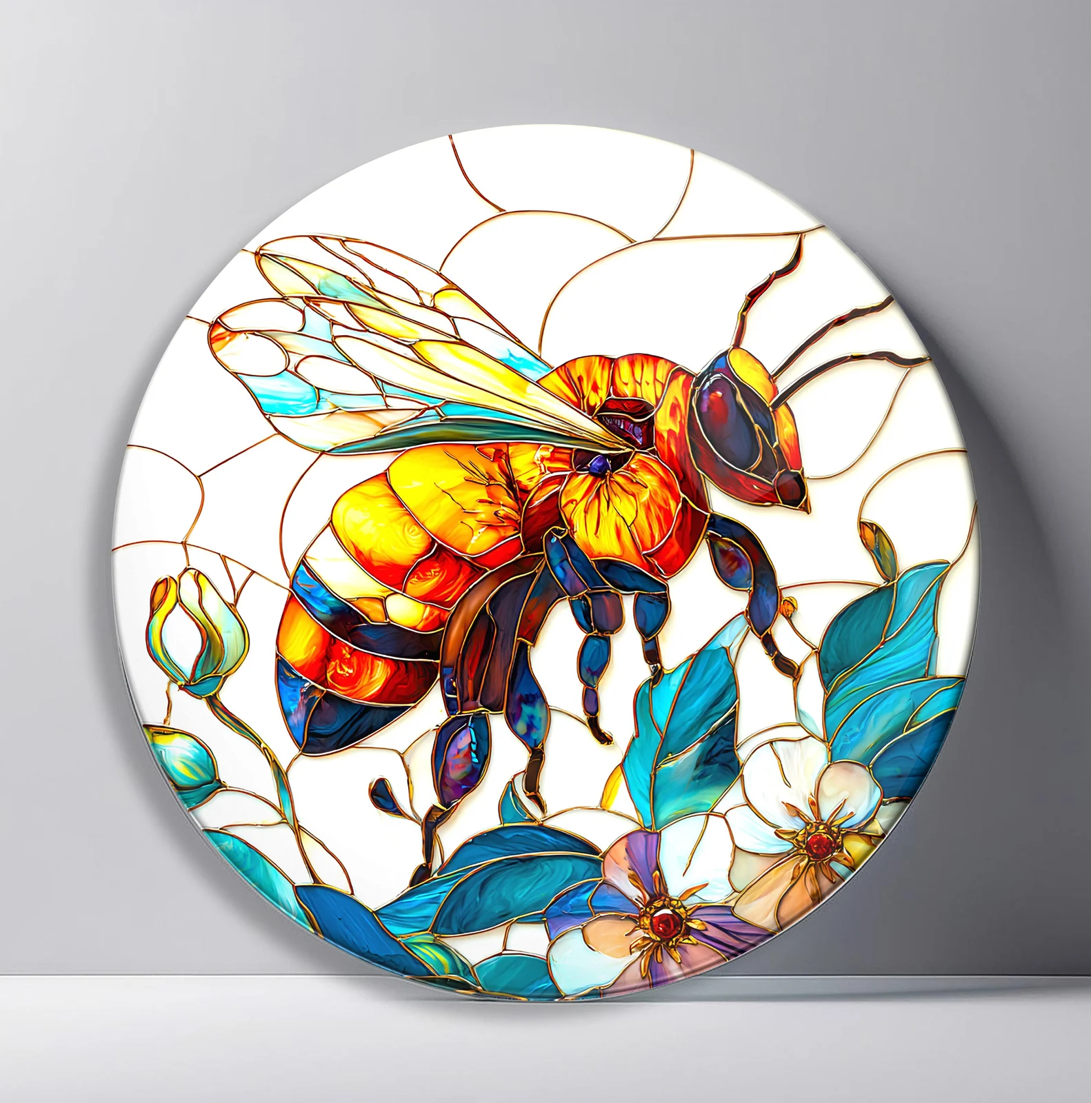 Honeybee and Blossom Round Glass Wall Art featuring large amber honeybee hovering among blue leaves and delicate flowers
