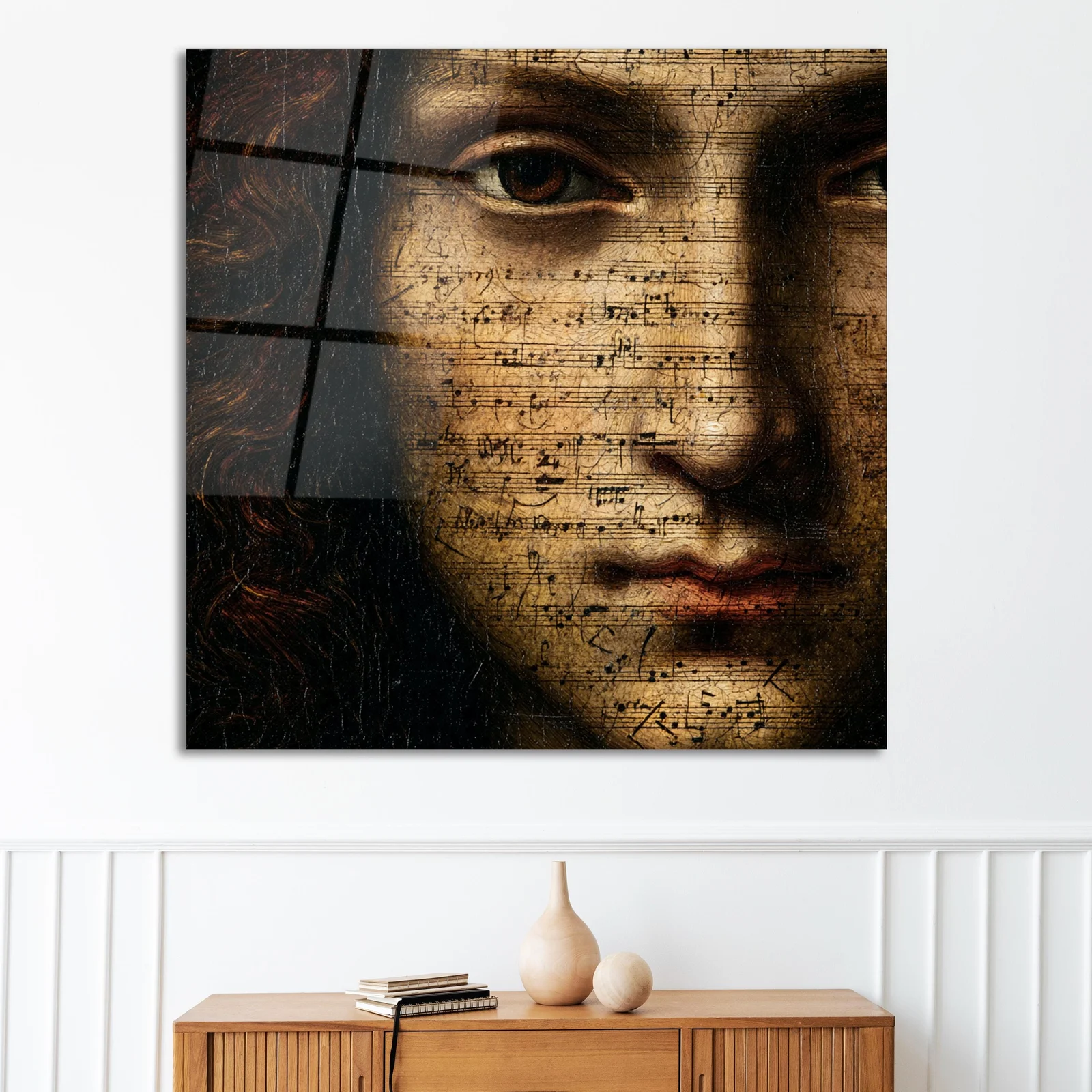 Baroque music face glass wall art shown in a modern living room