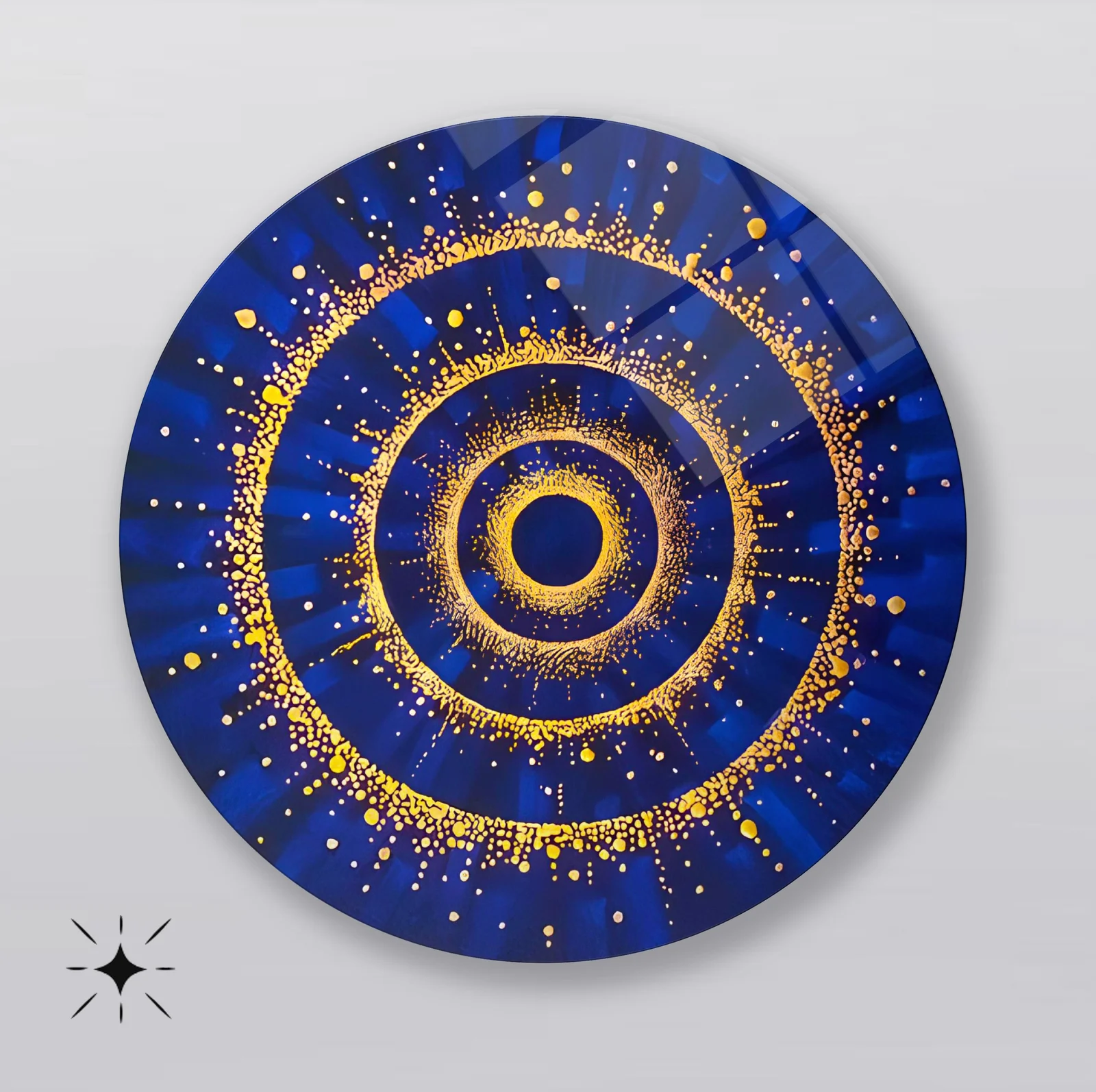 Golden Ripples on Cobalt Round Glass Wall Art featuring three sparkling gold rings expanding across a deep blue field