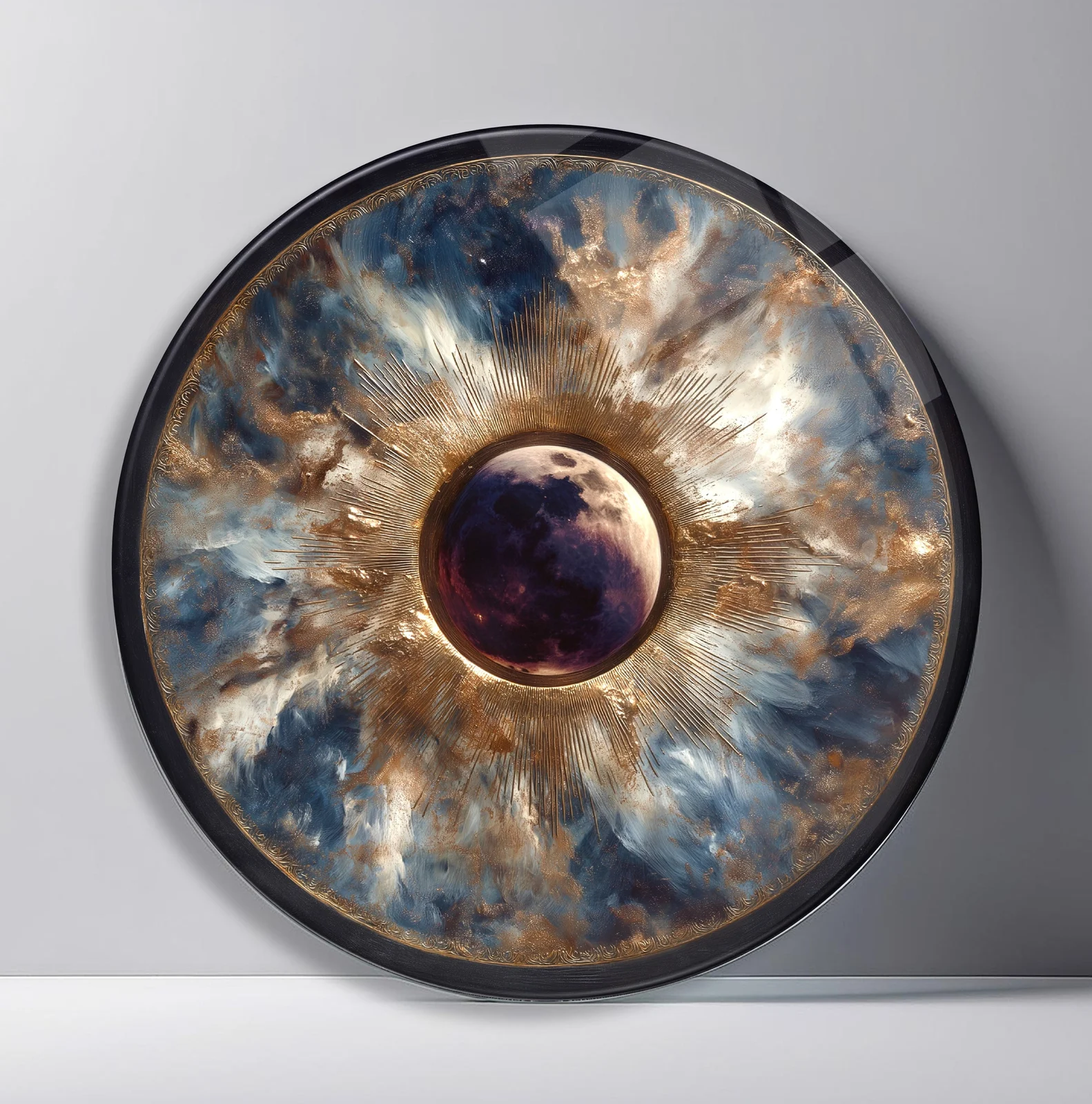 Storm Cloud Celestial Eye Round Glass Wall Art featuring dark purple orb floating within swirling silver, brown, and blue clouds