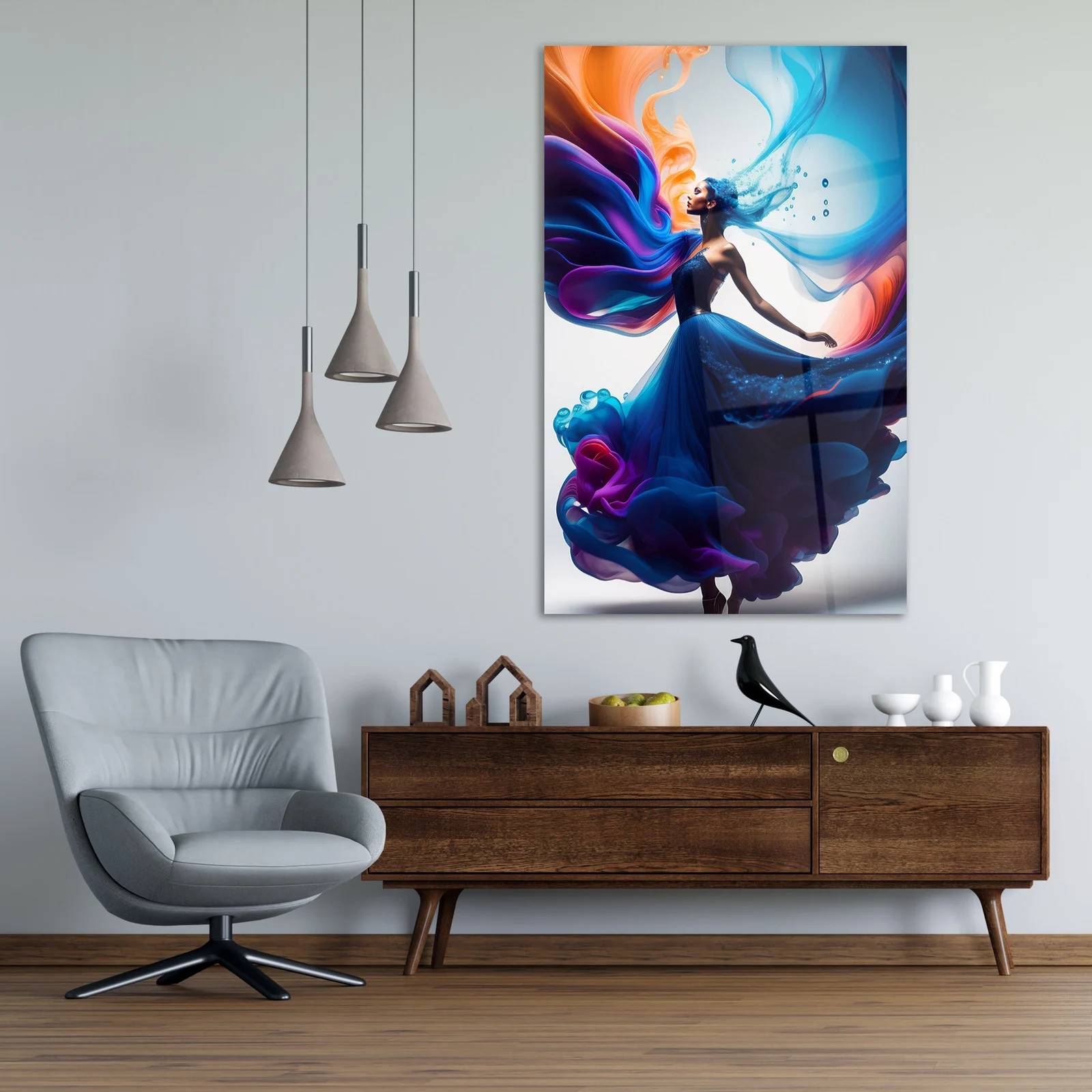 Woman dancing in colorful smoke glass wall art shown in a modern living room