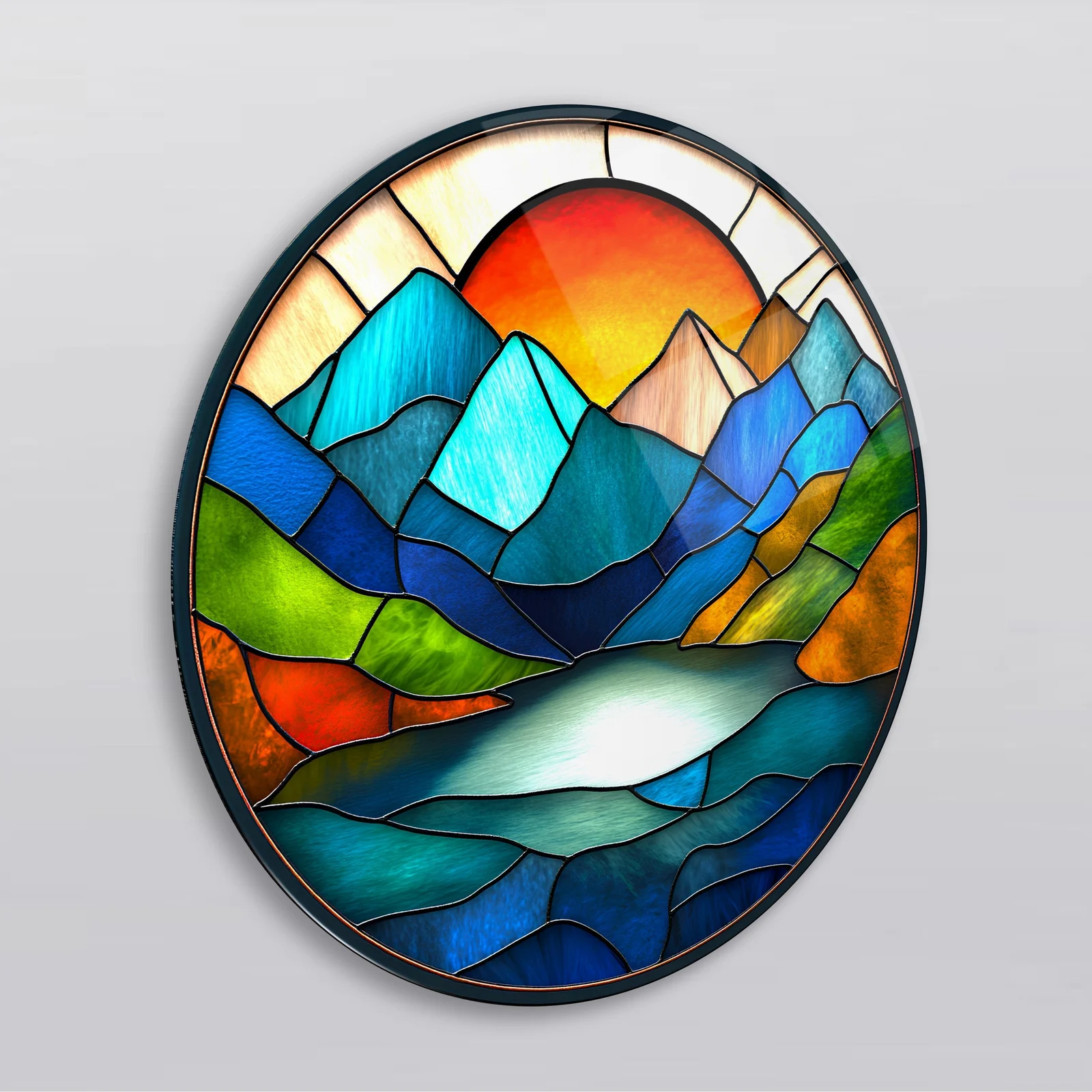 Colorblock Mountain Sunset Round Glass Wall Art featuring bold geometric mountains and lake beneath a red sun