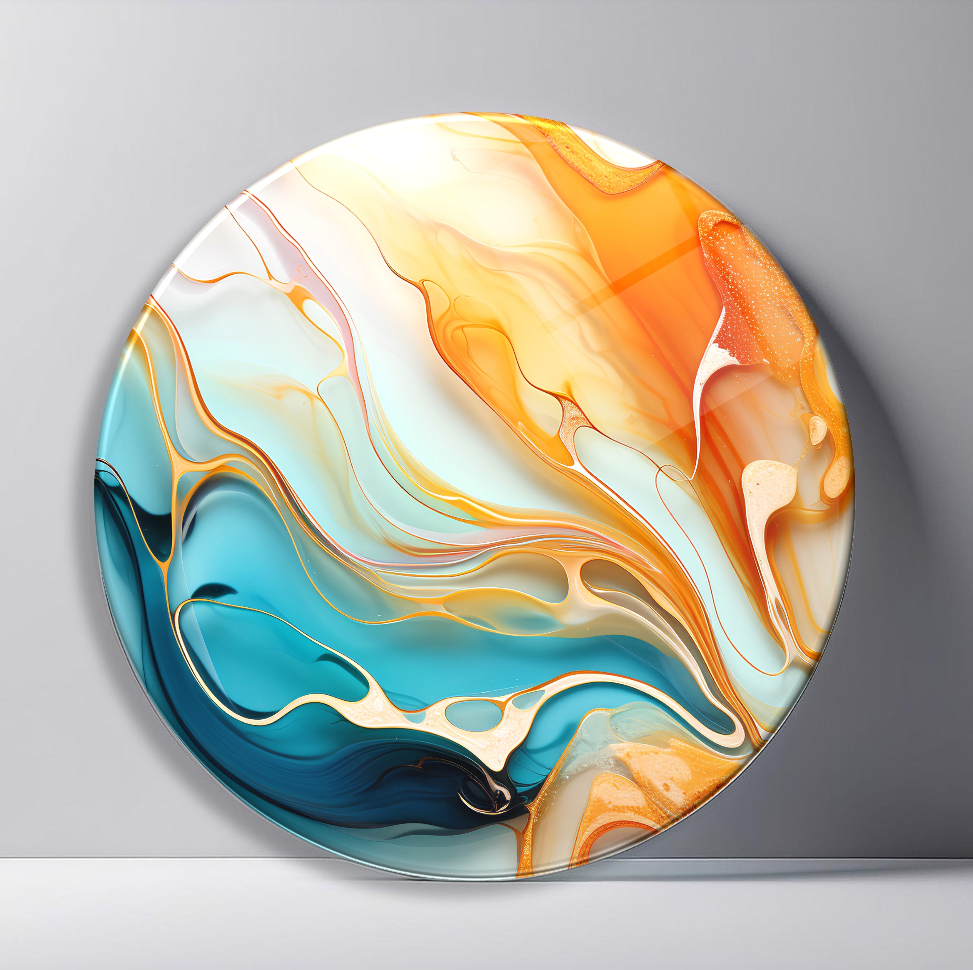 Sunset Tide Fluid Marble Round Glass Wall Art featuring flowing turquoise and orange marble currents meeting across cream