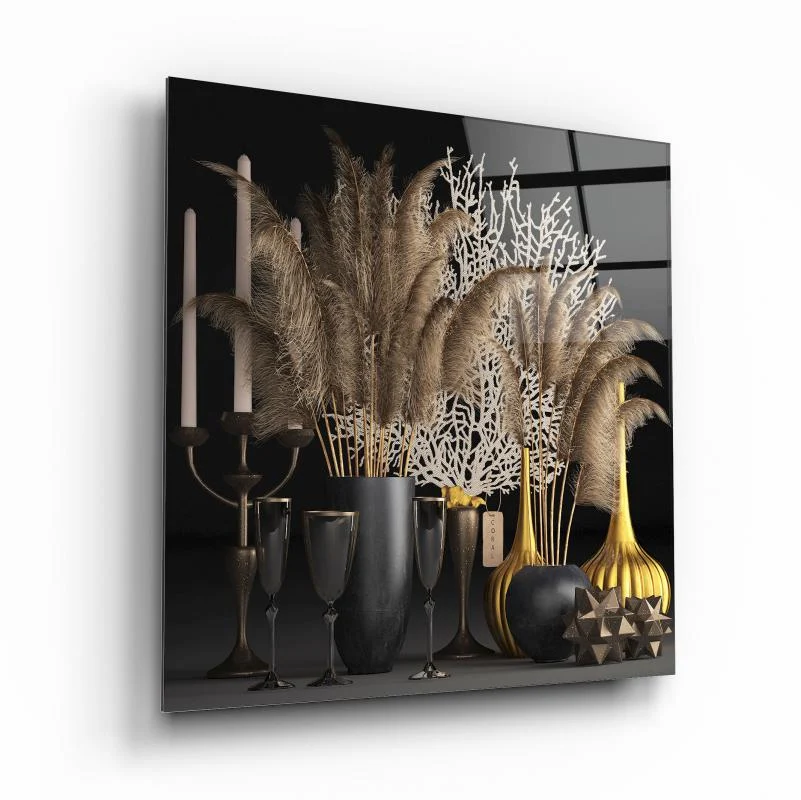 Neutral Pampas Grass Still Life Square Glass Wall Art, front angled view