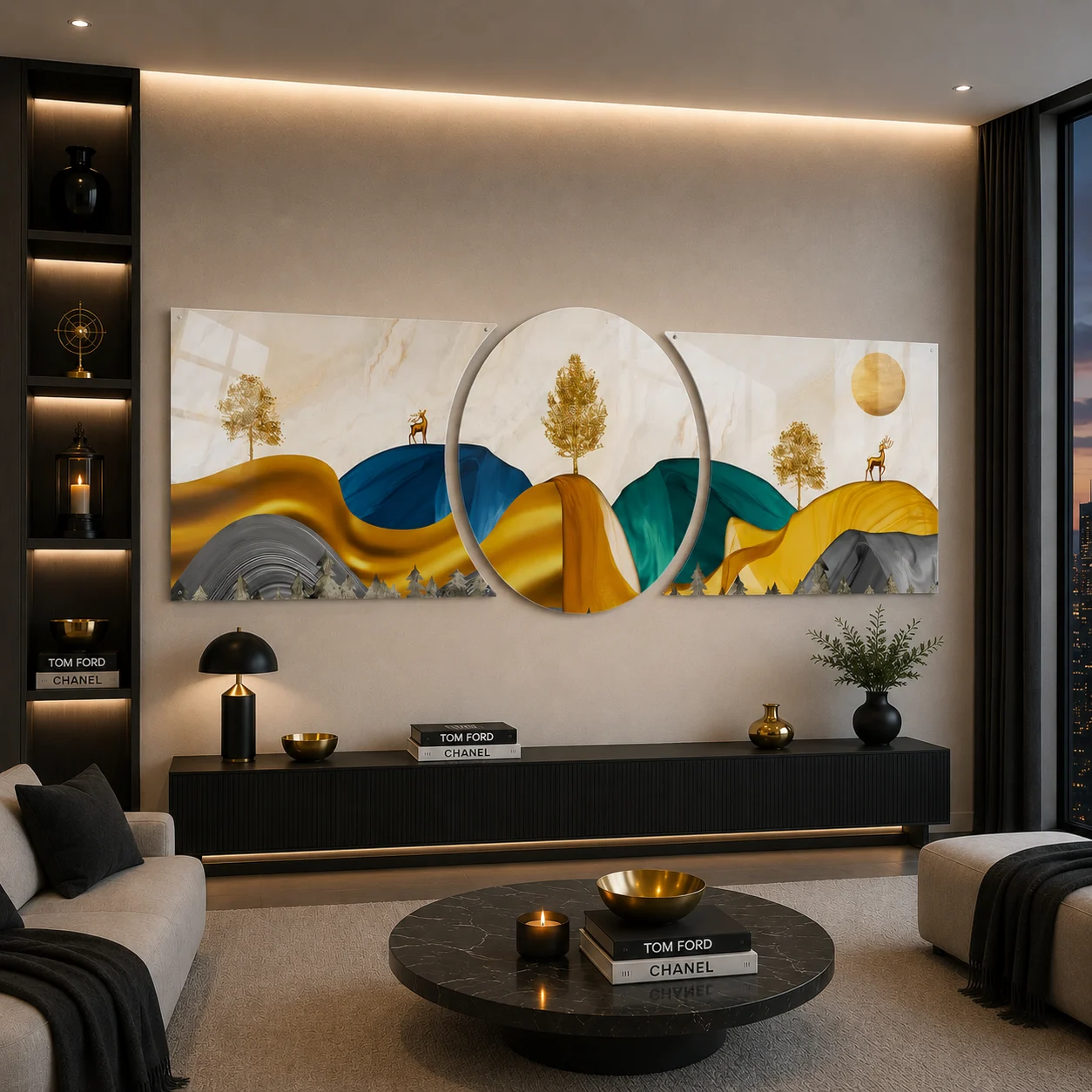 Teal Gold Flow Custom-Cut Three-Piece Glass Wall Art, displayed above a console in a warm modern living room