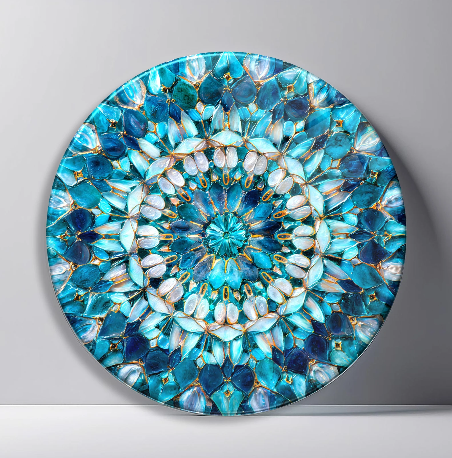 Aqua Pearl Floral Mandala Round Glass Wall Art featuring translucent aqua and pearl petals radiating from a floral center