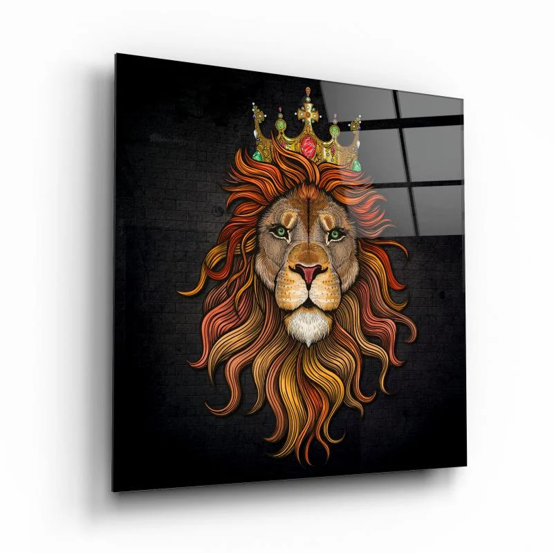 Crowned Ornamental Lion Square Glass Wall Art, front angled view