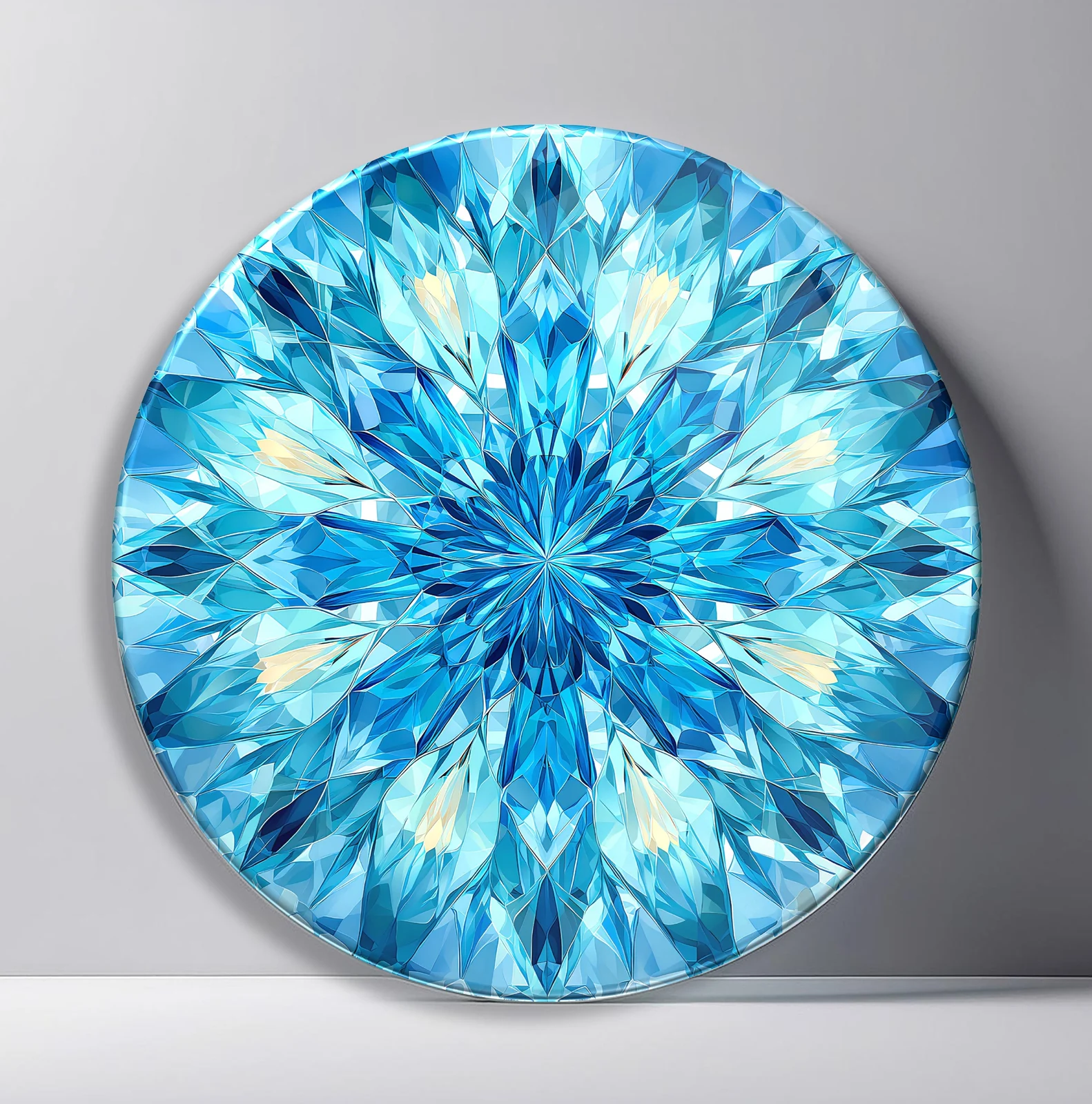 Aquamarine Diamond Starburst Round Glass Wall Art featuring faceted aquamarine gemstone pattern radiating from the center