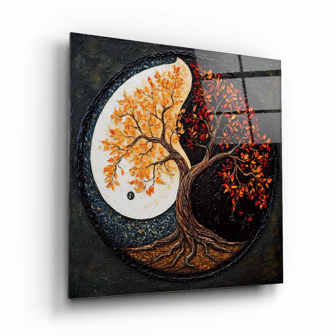Four Seasons Tree of Life Square Glass Wall Art, front angled view