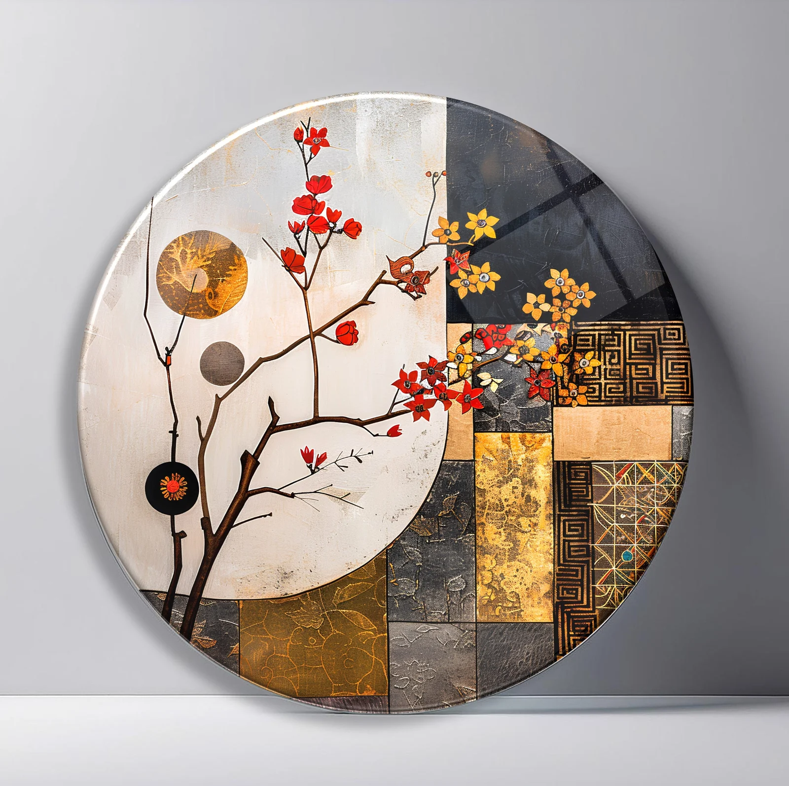 Red Blossom Japanese Collage Round Glass Wall Art featuring flowering branch crossing geometric panels of cream, charcoal, and gold