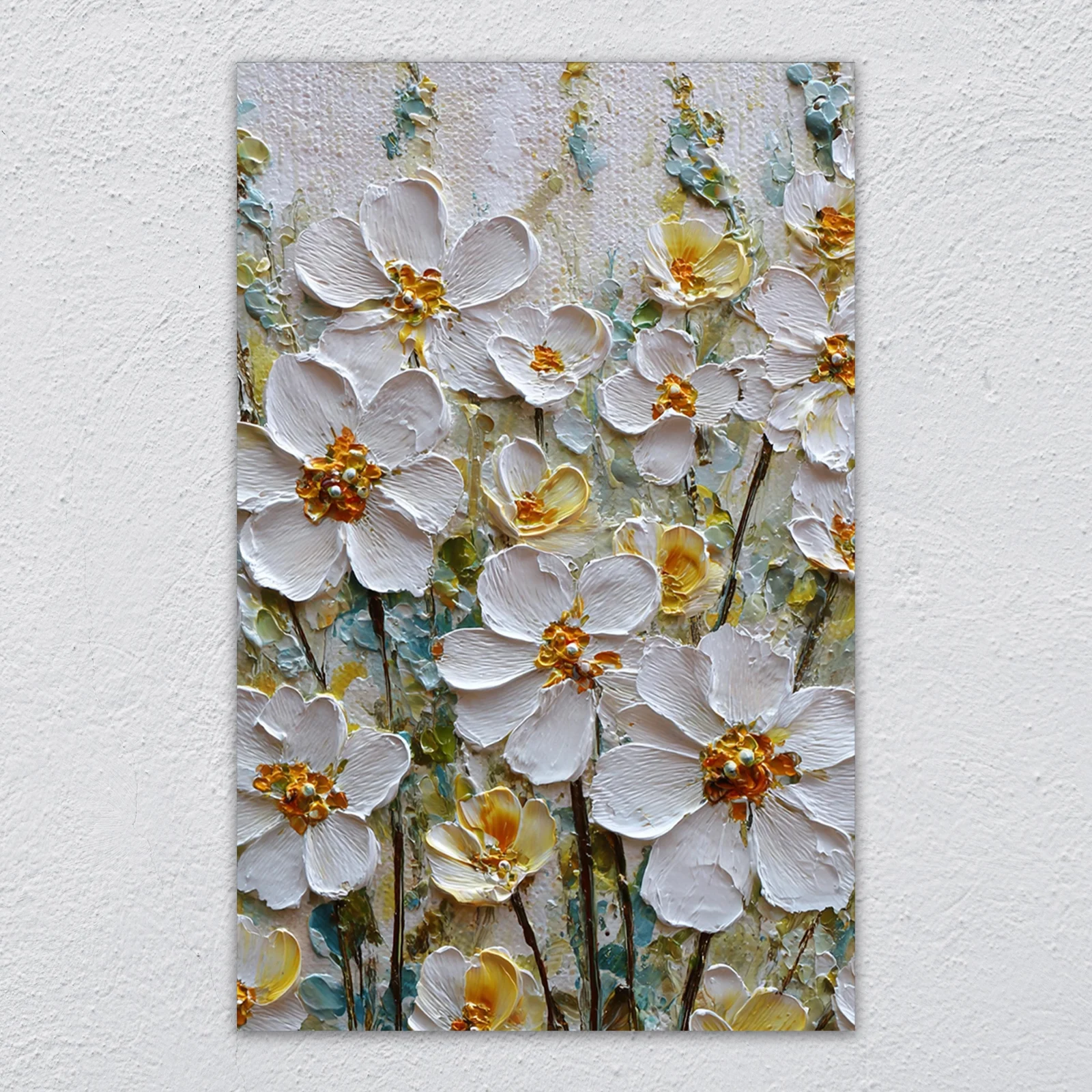 Textured white impasto flowers glass wall art shown in a modern living room
