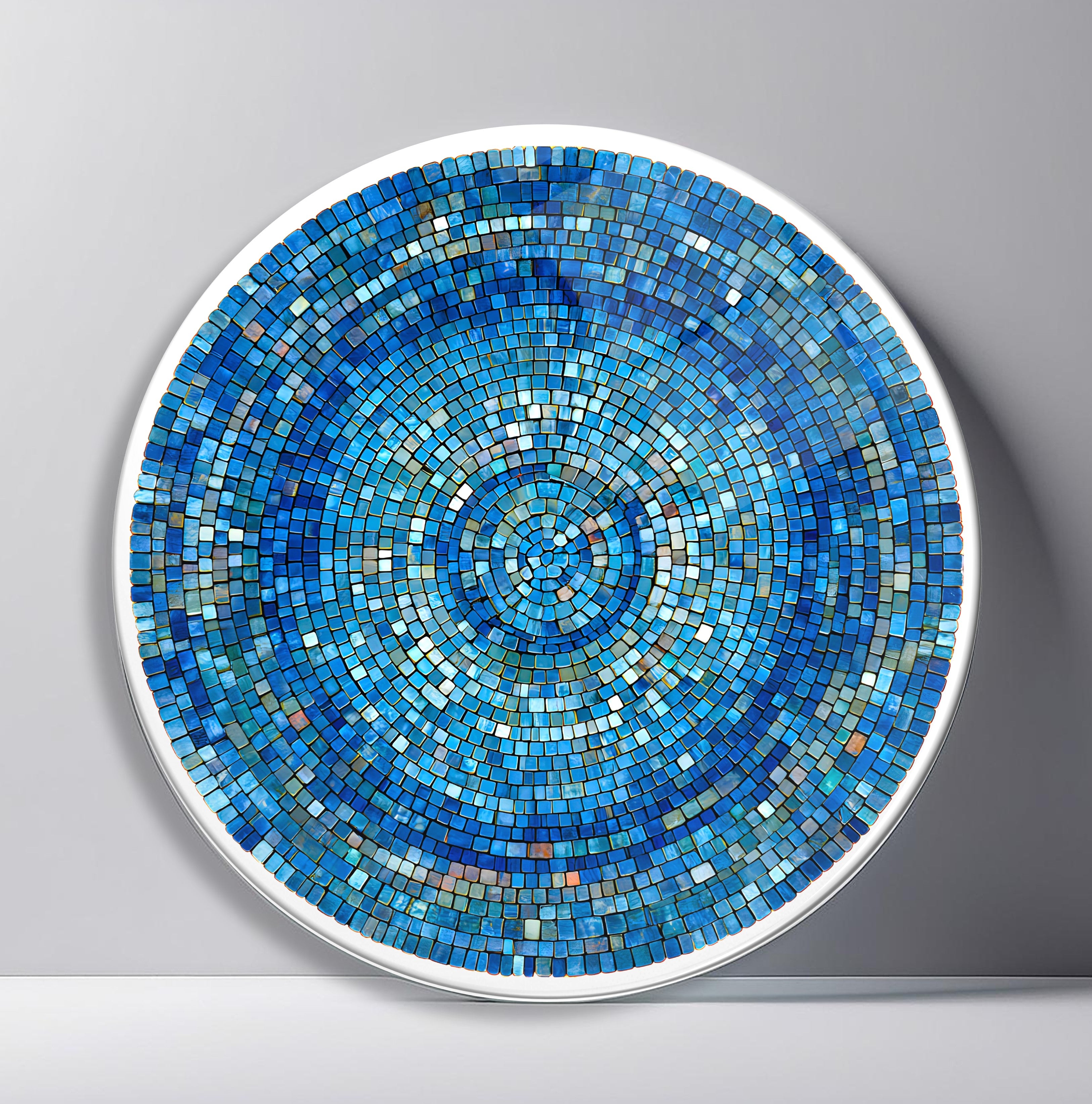Blue Micro Mosaic Spiral Round Glass Wall Art featuring tiny blue square tiles winding into a subtle central spiral